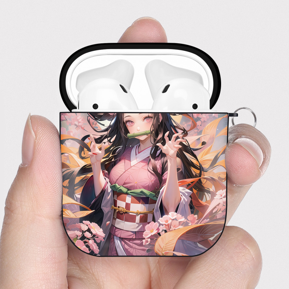 （画像用） 鬼滅の刃（きめつのやいば）竈門 禰󠄀豆子／かまど ねずこ Kamado Nezuko AirPods 第2世代保護ケース ハードシェル ブラック 耐衝撃・防指紋・カラビナ付き