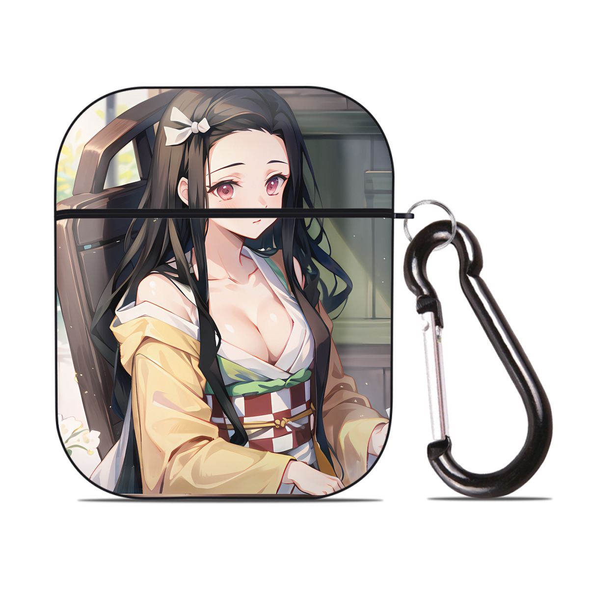 （画像用） 鬼滅の刃（きめつのやいば）竈門 禰󠄀豆子／かまど ねずこ Kamado Nezuko AirPods 第2世代保護ケース ハードシェル ブラック 耐衝撃・防指紋・カラビナ付き