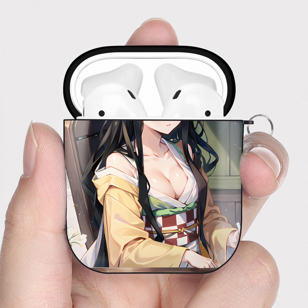 （画像用） 鬼滅の刃（きめつのやいば）竈門 禰󠄀豆子／かまど ねずこ Kamado Nezuko AirPods 第2世代保護ケース ハードシェル ブラック 耐衝撃・防指紋・カラビナ付き