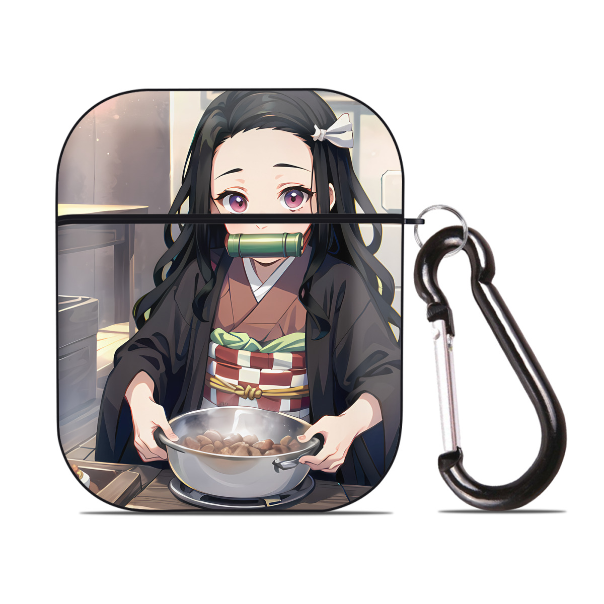 （画像用） 鬼滅の刃（きめつのやいば）竈門 禰󠄀豆子／かまど ねずこ Kamado Nezuko AirPods 第2世代保護ケース ハードシェル ブラック 耐衝撃・防指紋・カラビナ付き