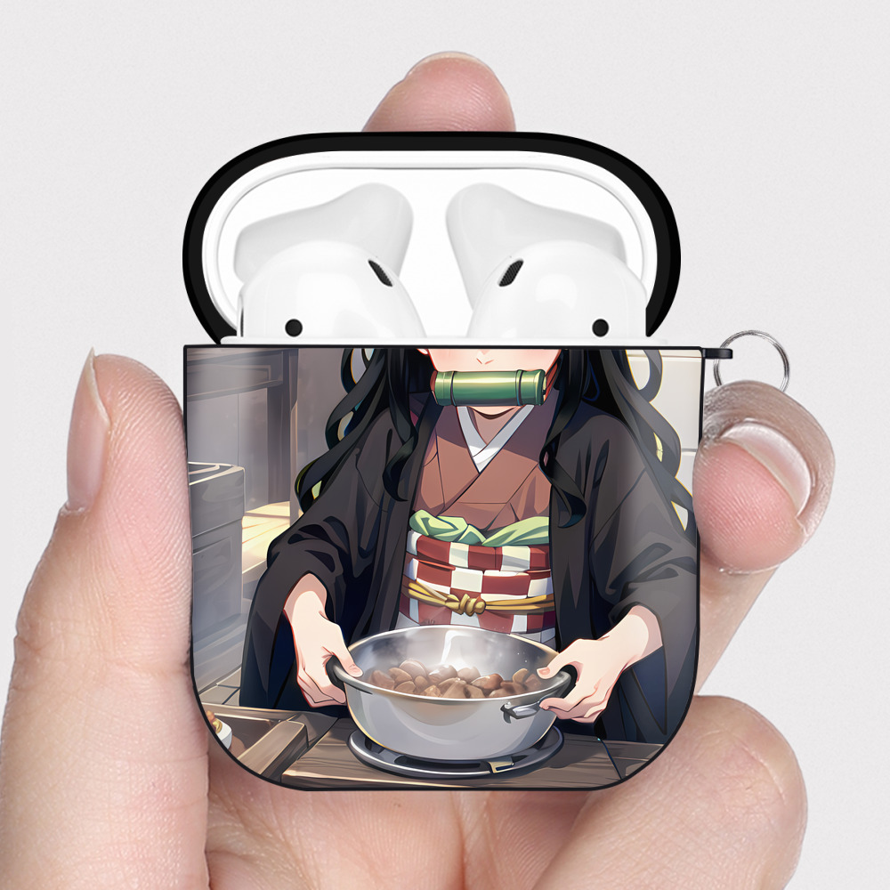 （画像用） 鬼滅の刃（きめつのやいば）竈門 禰󠄀豆子／かまど ねずこ Kamado Nezuko AirPods 第2世代保護ケース ハードシェル ブラック 耐衝撃・防指紋・カラビナ付き