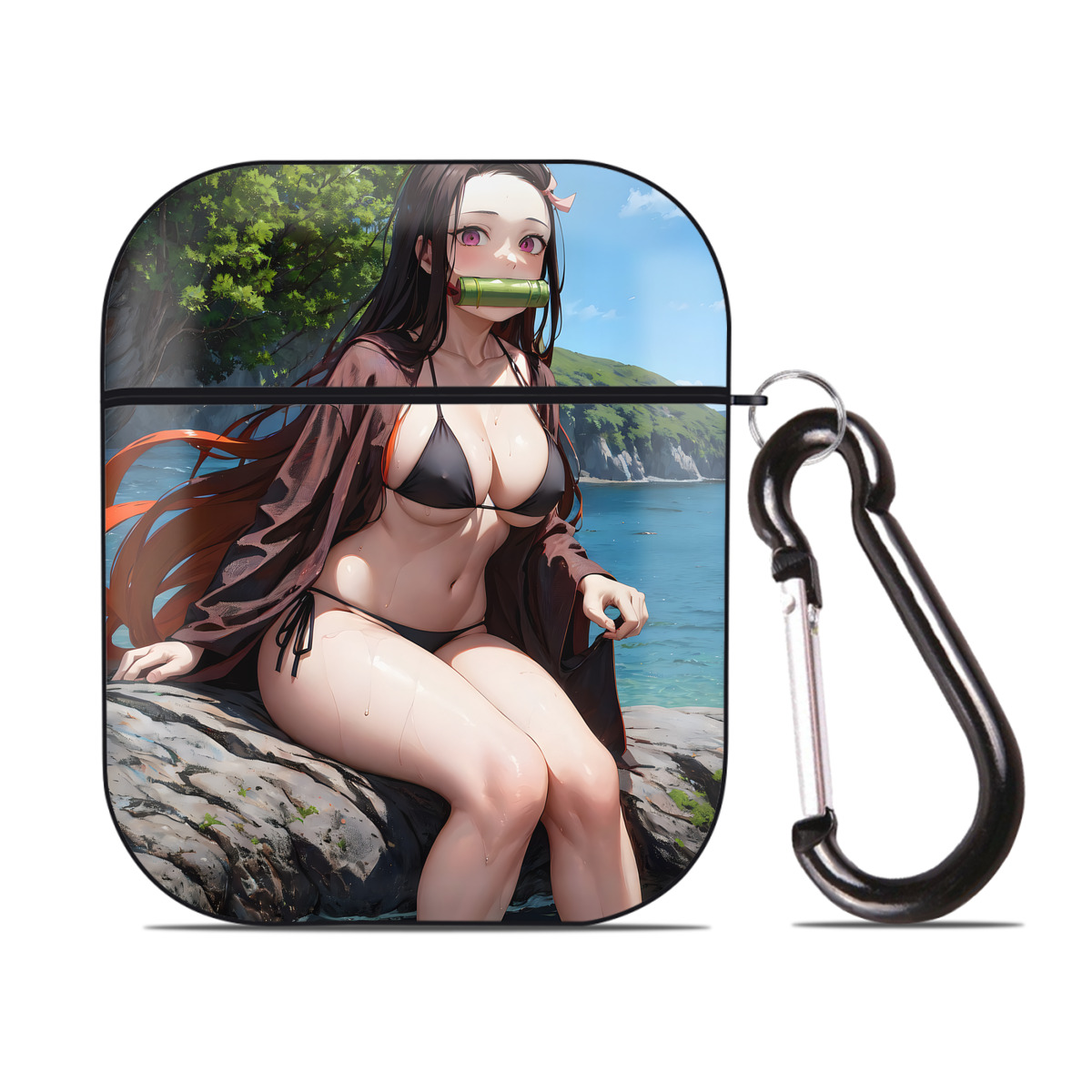 （画像用） 鬼滅の刃（きめつのやいば）竈門 禰󠄀豆子／かまど ねずこ Kamado Nezuko AirPods 第2世代保護ケース ハードシェル ブラック 耐衝撃・防指紋・カラビナ付き