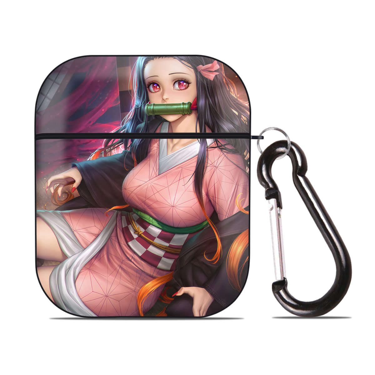 （画像用） 鬼滅の刃（きめつのやいば）竈門 禰󠄀豆子／かまど ねずこ Kamado Nezuko AirPods 第2世代保護ケース ハードシェル ブラック 耐衝撃・防指紋・カラビナ付き