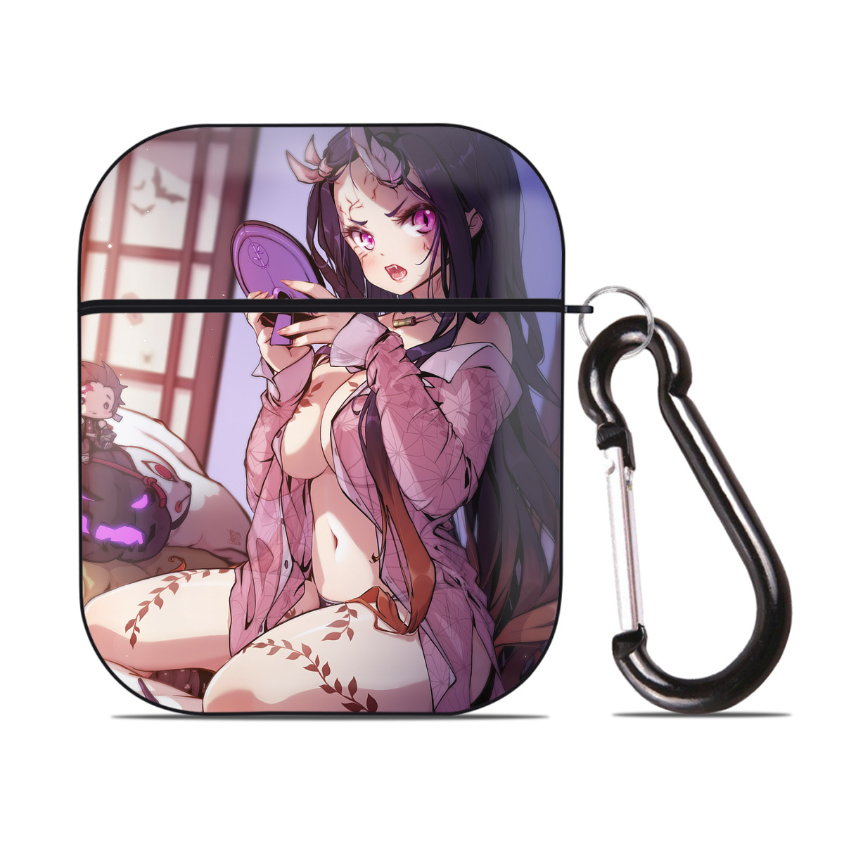 （画像用） 鬼滅の刃（きめつのやいば）竈門 禰󠄀豆子／かまど ねずこ Kamado Nezuko AirPods 第2世代保護ケース ハードシェル ブラック 耐衝撃・防指紋・カラビナ付き