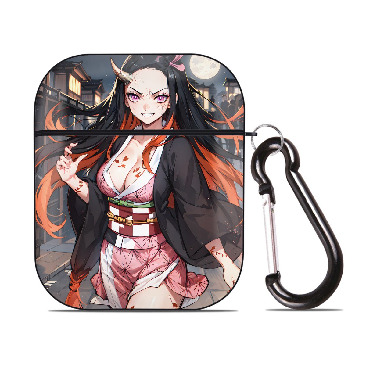 （画像用） 鬼滅の刃（きめつのやいば）竈門 禰󠄀豆子／かまど ねずこ Kamado Nezuko AirPods 第2世代保護ケース ハードシェル ブラック 耐衝撃・防指紋・カラビナ付き