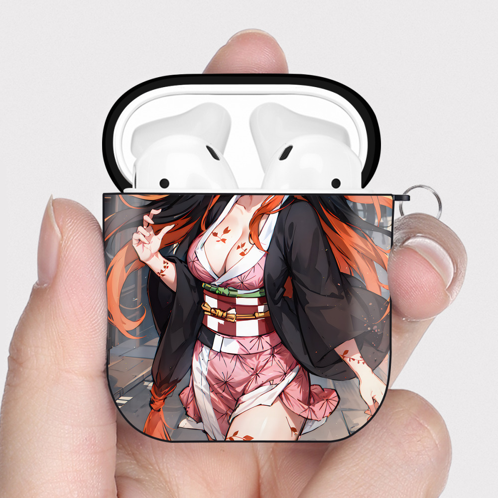 （画像用） 鬼滅の刃（きめつのやいば）竈門 禰󠄀豆子／かまど ねずこ Kamado Nezuko AirPods 第2世代保護ケース ハードシェル ブラック 耐衝撃・防指紋・カラビナ付き