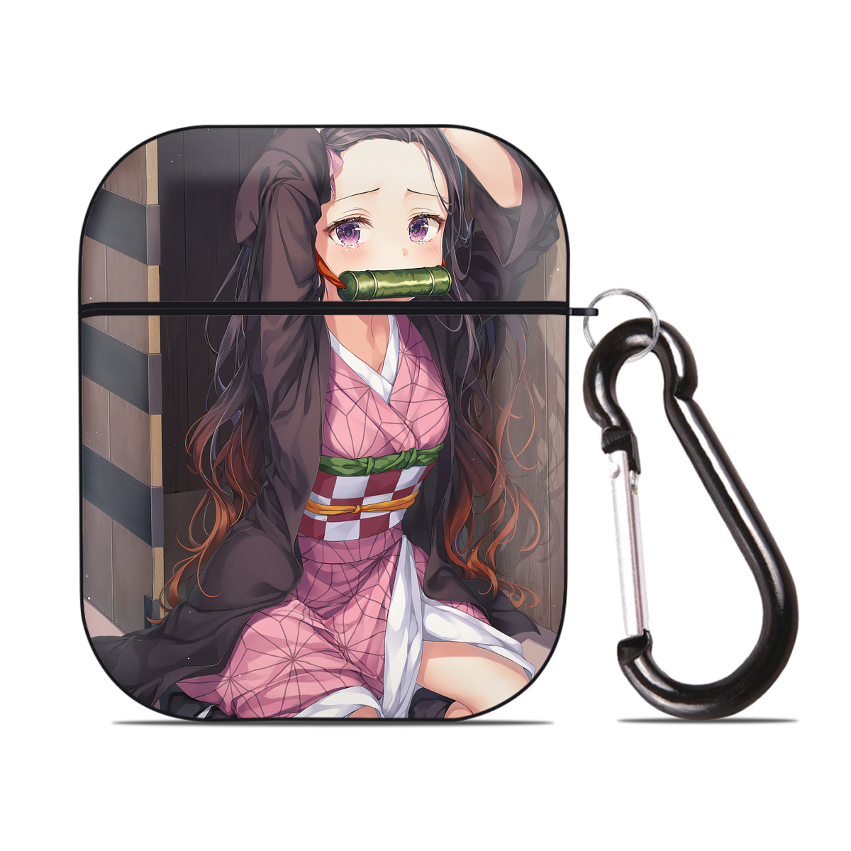 （画像用） 鬼滅の刃（きめつのやいば）竈門 禰󠄀豆子／かまど ねずこ Kamado Nezuko AirPods 第2世代保護ケース ハードシェル ブラック 耐衝撃・防指紋・カラビナ付き