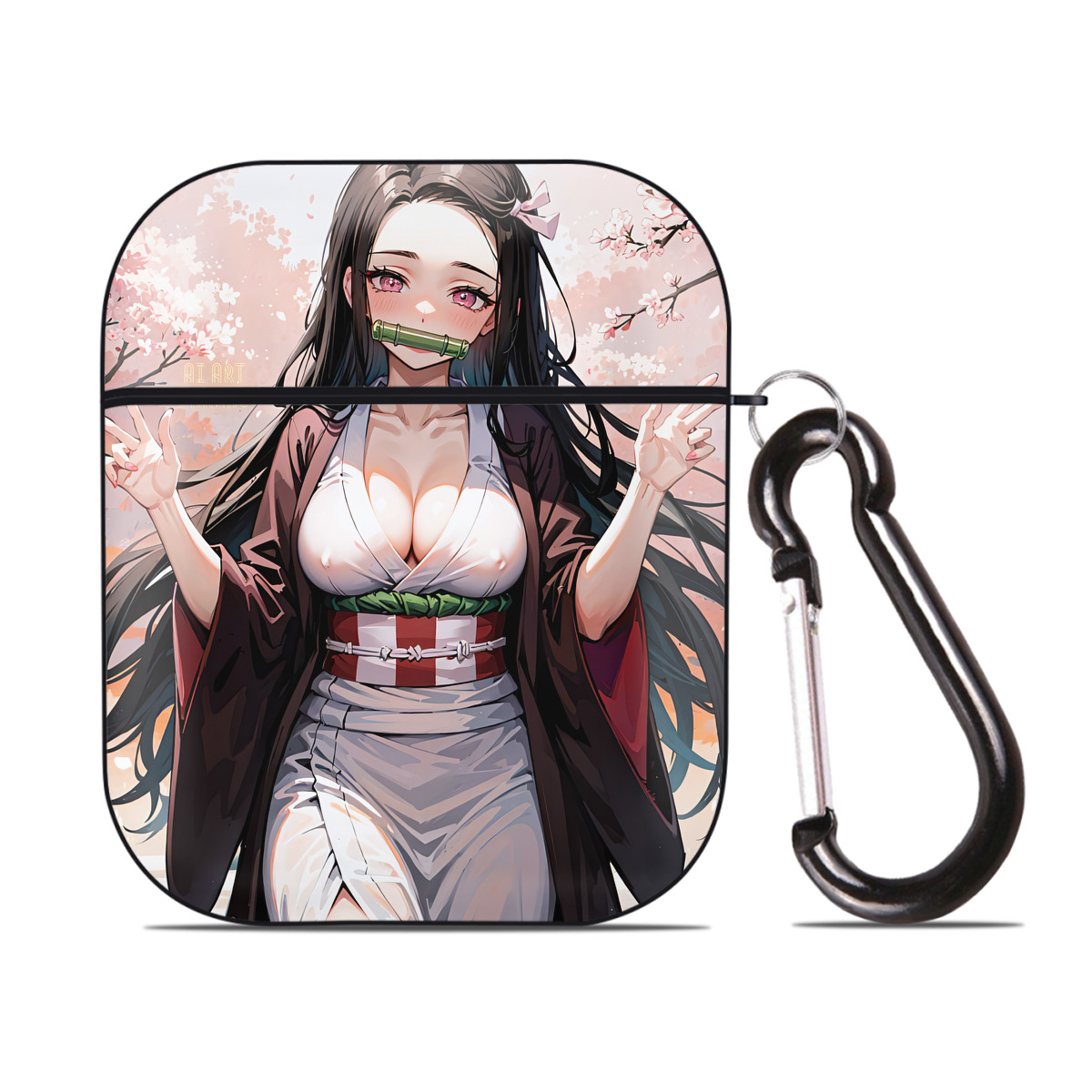 （画像用） 鬼滅の刃（きめつのやいば）竈門 禰󠄀豆子／かまど ねずこ Kamado Nezuko AirPods 第2世代保護ケース ハードシェル ブラック 耐衝撃・防指紋・カラビナ付き