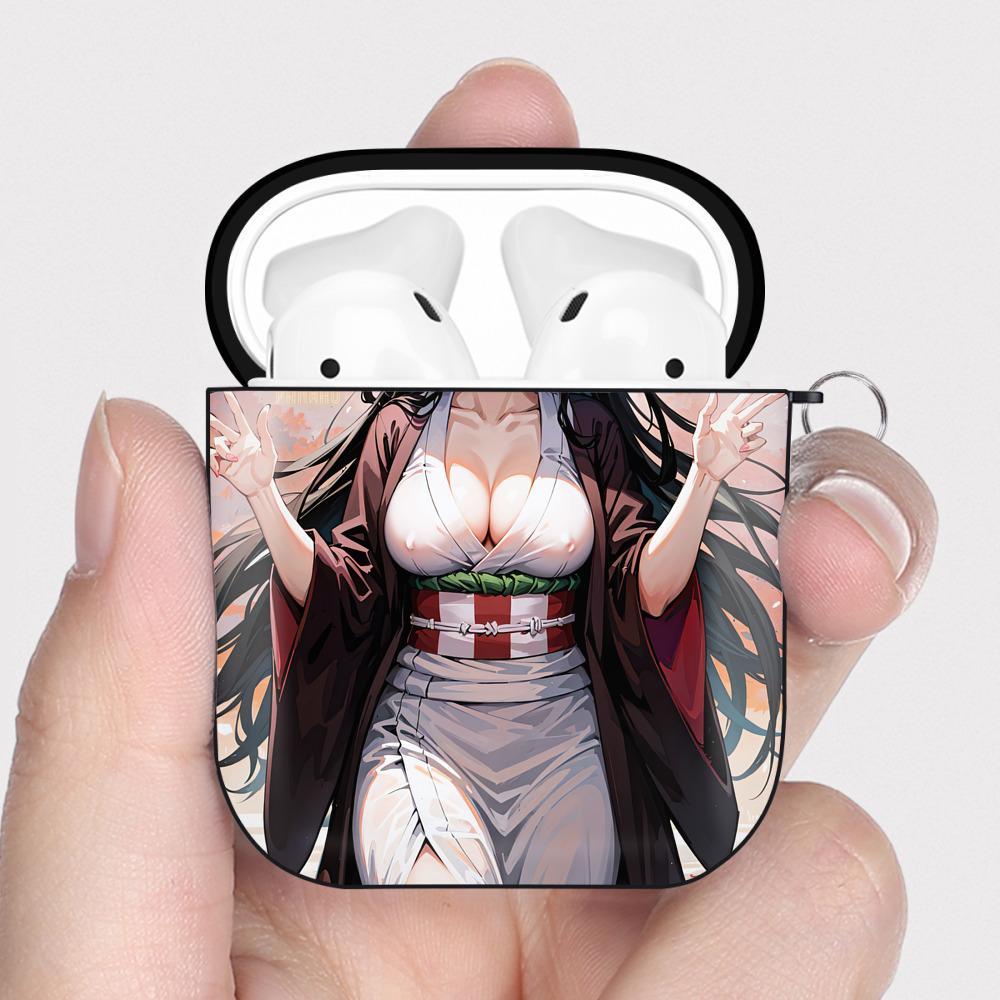 （画像用） 鬼滅の刃（きめつのやいば）竈門 禰󠄀豆子／かまど ねずこ Kamado Nezuko AirPods 第2世代保護ケース ハードシェル ブラック 耐衝撃・防指紋・カラビナ付き