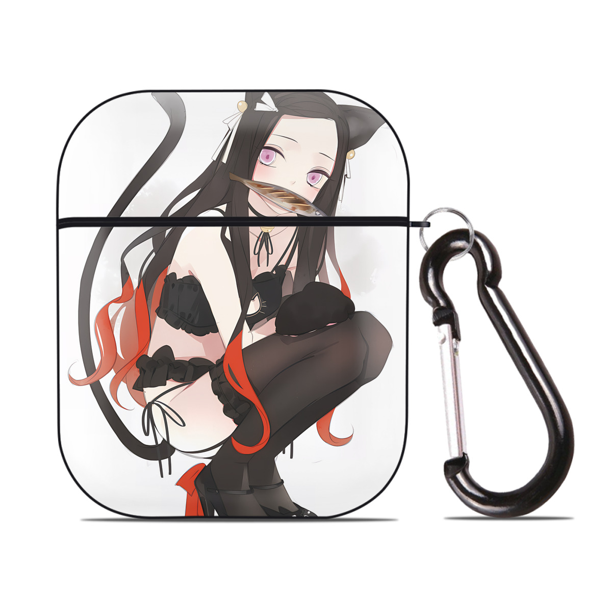 （画像用） 鬼滅の刃（きめつのやいば）竈門 禰󠄀豆子／かまど ねずこ Kamado Nezuko AirPods 第2世代保護ケース ハードシェル ブラック 耐衝撃・防指紋・カラビナ付き