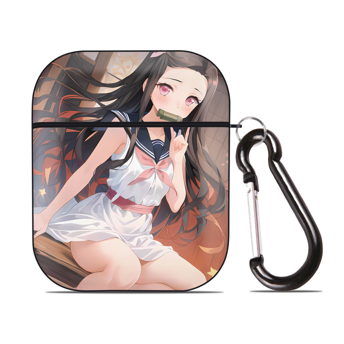 （画像用） 鬼滅の刃（きめつのやいば）竈門 禰󠄀豆子／かまど ねずこ Kamado Nezuko AirPods 第2世代保護ケース ハードシェル ブラック 耐衝撃・防指紋・カラビナ付き