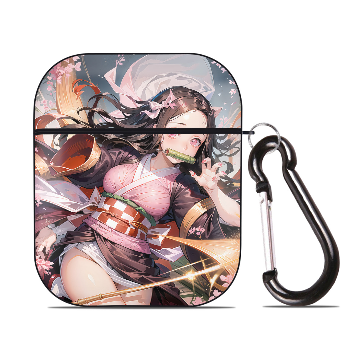 （画像用） 鬼滅の刃（きめつのやいば）竈門 禰󠄀豆子／かまど ねずこ Kamado Nezuko AirPods 第2世代保護ケース ハードシェル ブラック 耐衝撃・防指紋・カラビナ付き