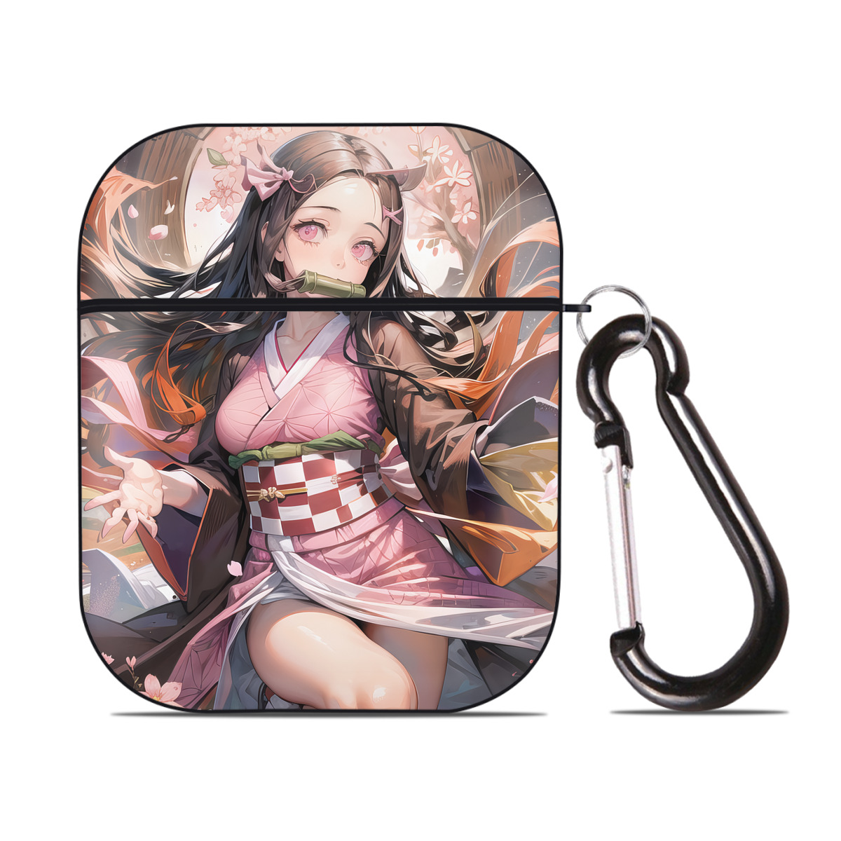 （画像用） 鬼滅の刃（きめつのやいば）竈門 禰󠄀豆子／かまど ねずこ Kamado Nezuko AirPods 第2世代保護ケース ハードシェル ブラック 耐衝撃・防指紋・カラビナ付き