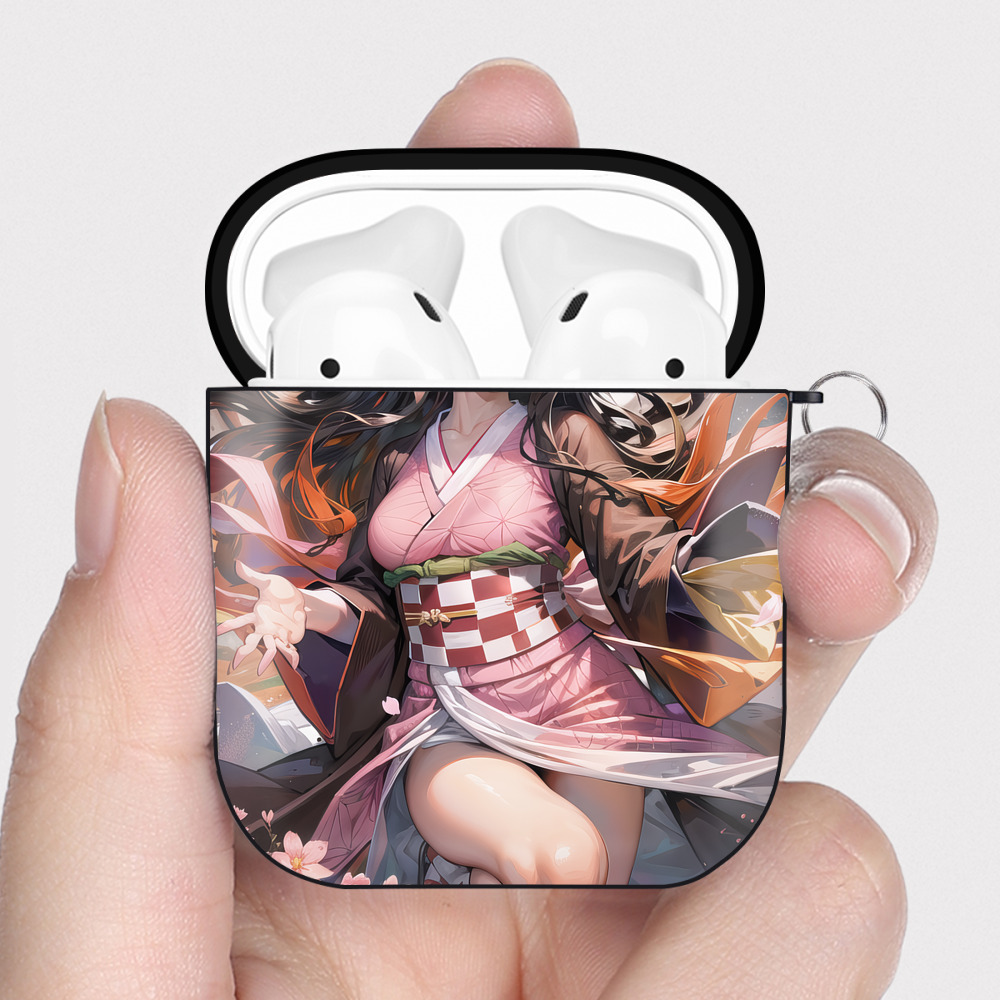 （画像用） 鬼滅の刃（きめつのやいば）竈門 禰󠄀豆子／かまど ねずこ Kamado Nezuko AirPods 第2世代保護ケース ハードシェル ブラック 耐衝撃・防指紋・カラビナ付き
