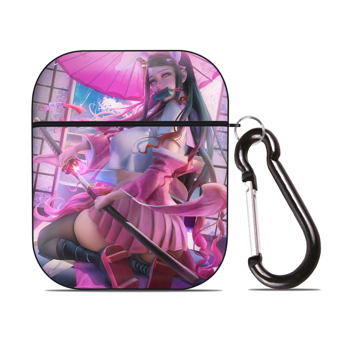 （画像用） 鬼滅の刃（きめつのやいば）竈門 禰󠄀豆子／かまど ねずこ Kamado Nezuko AirPods 第2世代保護ケース ハードシェル ブラック 耐衝撃・防指紋・カラビナ付き