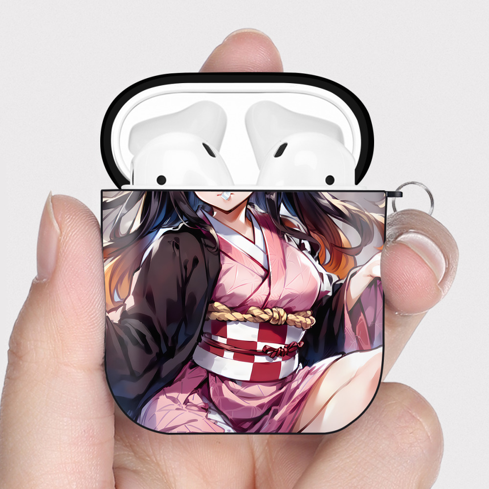 （画像用） 鬼滅の刃（きめつのやいば）竈門 禰󠄀豆子／かまど ねずこ Kamado Nezuko AirPods 第2世代保護ケース ハードシェル ブラック 耐衝撃・防指紋・カラビナ付き