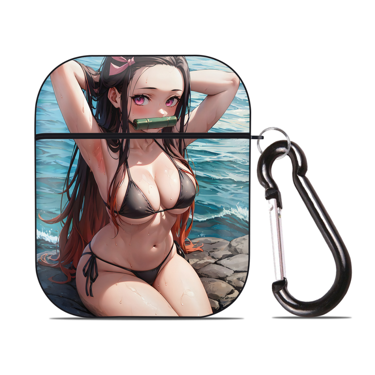 （画像用） 鬼滅の刃（きめつのやいば）竈門 禰󠄀豆子／かまど ねずこ Kamado Nezuko AirPods 第2世代保護ケース ハードシェル ブラック 耐衝撃・防指紋・カラビナ付き