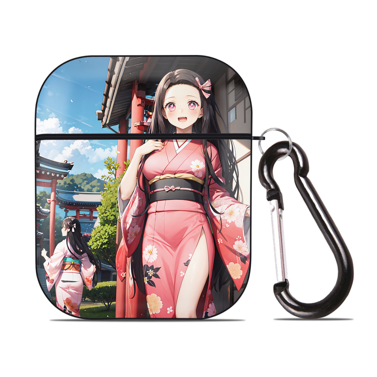 （画像用） 鬼滅の刃（きめつのやいば）竈門 禰󠄀豆子／かまど ねずこ Kamado Nezuko AirPods 第2世代保護ケース ハードシェル ブラック 耐衝撃・防指紋・カラビナ付き