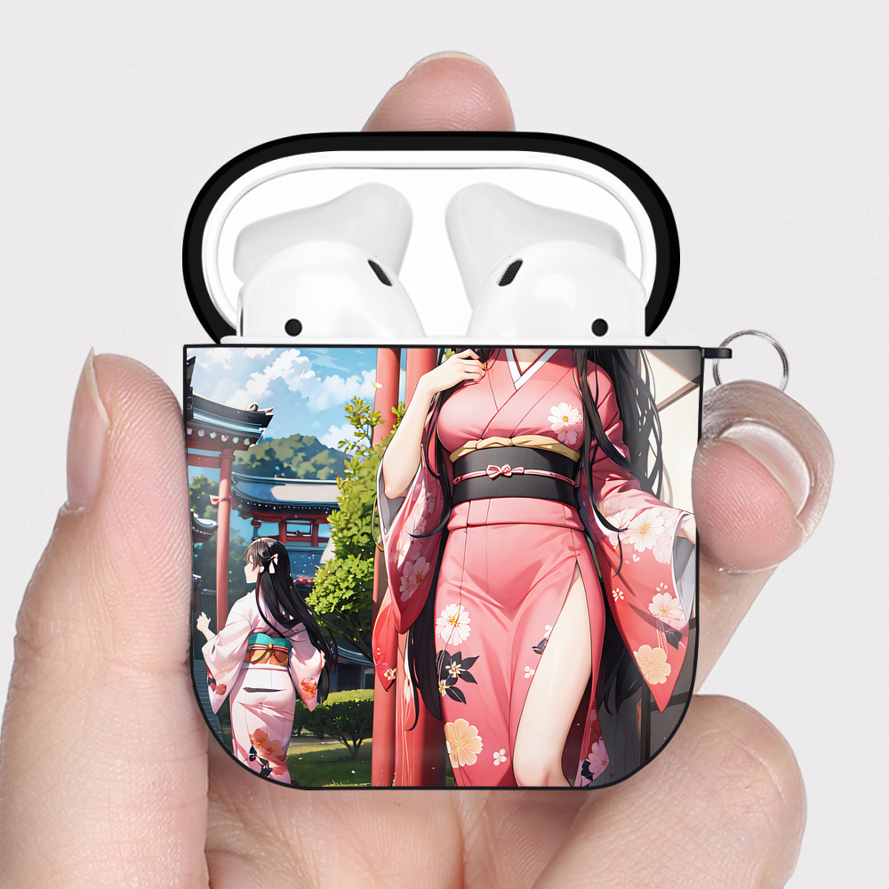 （画像用） 鬼滅の刃（きめつのやいば）竈門 禰󠄀豆子／かまど ねずこ Kamado Nezuko AirPods 第2世代保護ケース ハードシェル ブラック 耐衝撃・防指紋・カラビナ付き
