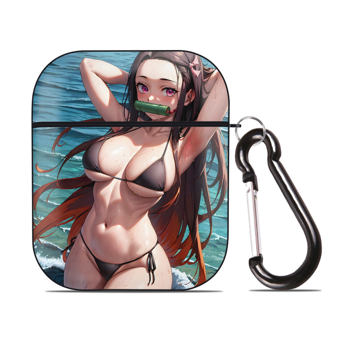 （画像用） 鬼滅の刃（きめつのやいば）竈門 禰󠄀豆子／かまど ねずこ Kamado Nezuko AirPods 第2世代保護ケース ハードシェル ブラック 耐衝撃・防指紋・カラビナ付き