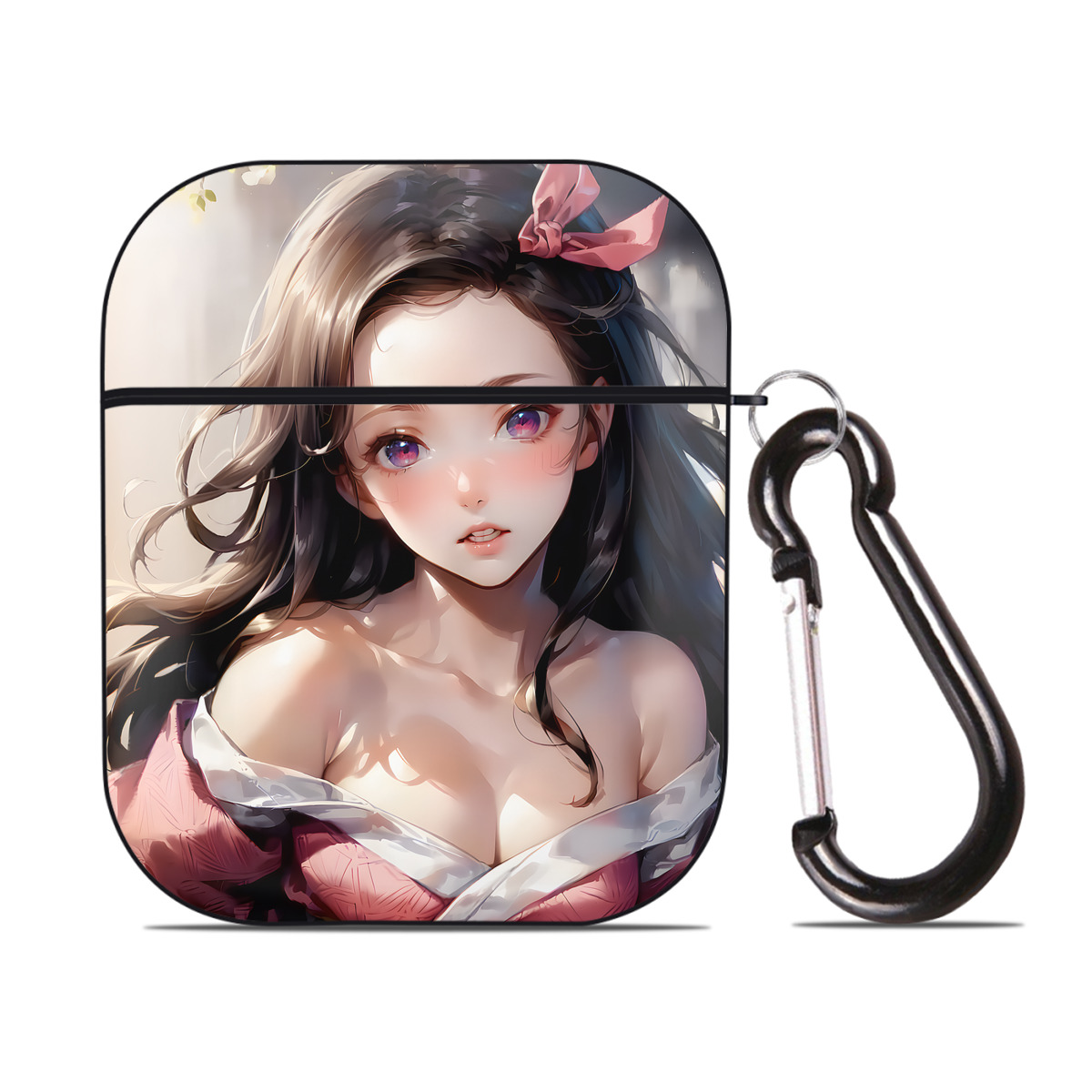 （画像用） 鬼滅の刃（きめつのやいば）竈門 禰󠄀豆子／かまど ねずこ Kamado Nezuko AirPods 第2世代保護ケース ハードシェル ブラック 耐衝撃・防指紋・カラビナ付き