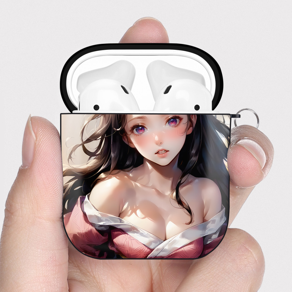 （画像用） 鬼滅の刃（きめつのやいば）竈門 禰󠄀豆子／かまど ねずこ Kamado Nezuko AirPods 第2世代保護ケース ハードシェル ブラック 耐衝撃・防指紋・カラビナ付き