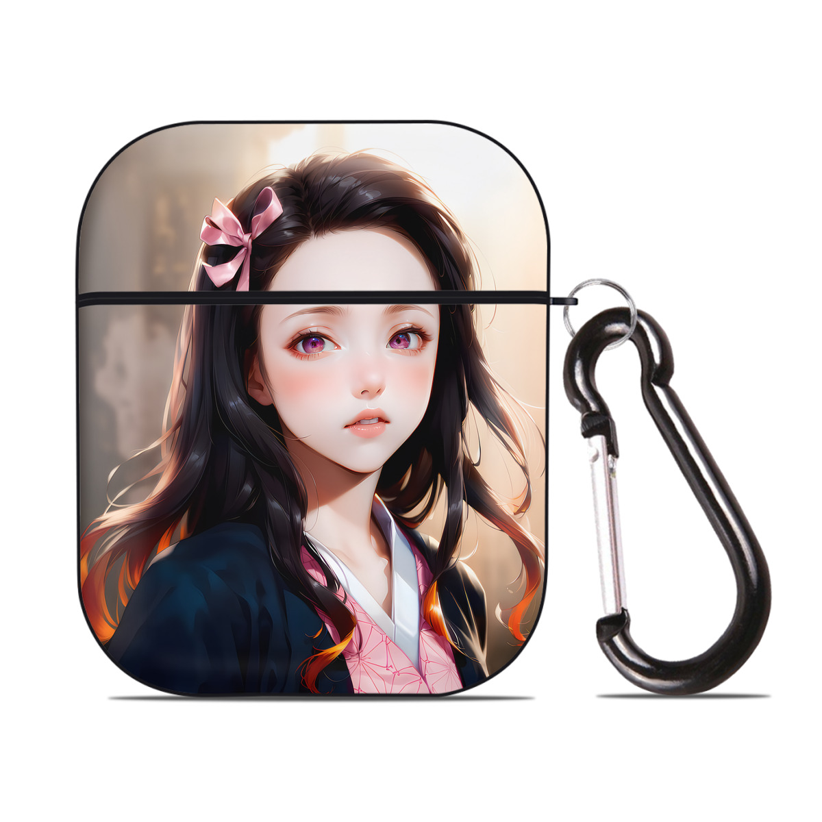 （画像用） 鬼滅の刃（きめつのやいば）竈門 禰󠄀豆子／かまど ねずこ Kamado Nezuko AirPods 第2世代保護ケース ハードシェル ブラック 耐衝撃・防指紋・カラビナ付き