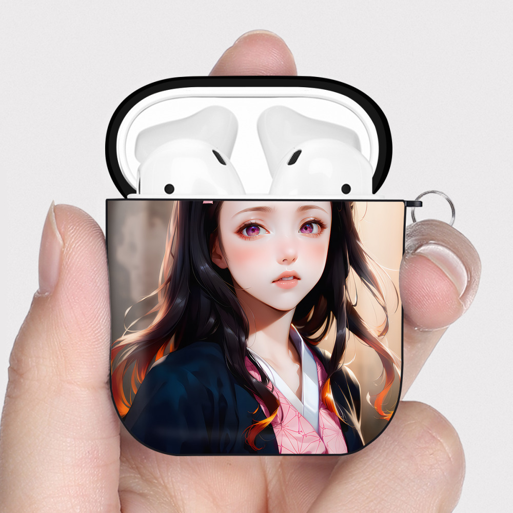 （画像用） 鬼滅の刃（きめつのやいば）竈門 禰󠄀豆子／かまど ねずこ Kamado Nezuko AirPods 第2世代保護ケース ハードシェル ブラック 耐衝撃・防指紋・カラビナ付き