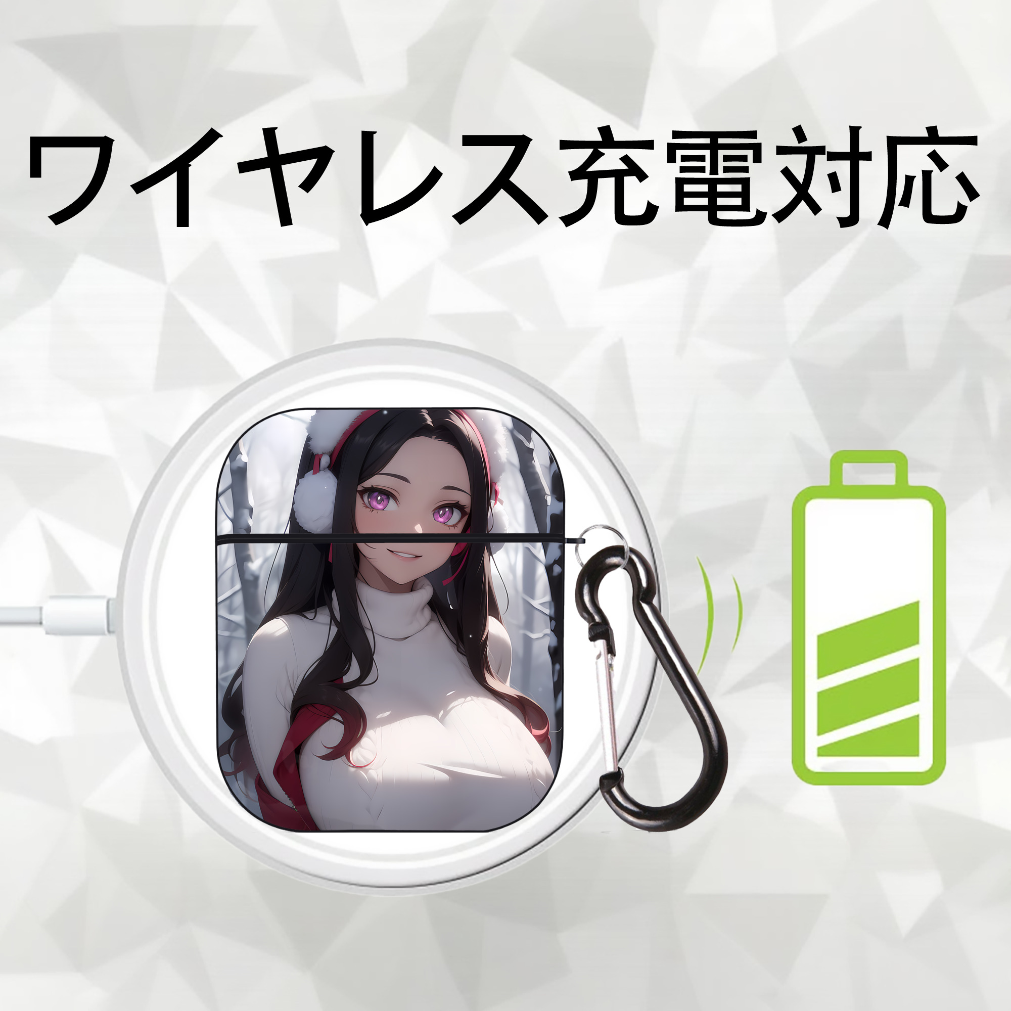 鬼滅の刃（きめつのやいば）竈門 禰󠄀豆子／かまど ねずこ Kamado Nezuko AirPods 第2世代保護ケース ハードシェル ブラック 耐衝撃・防指紋・カラビナ付き