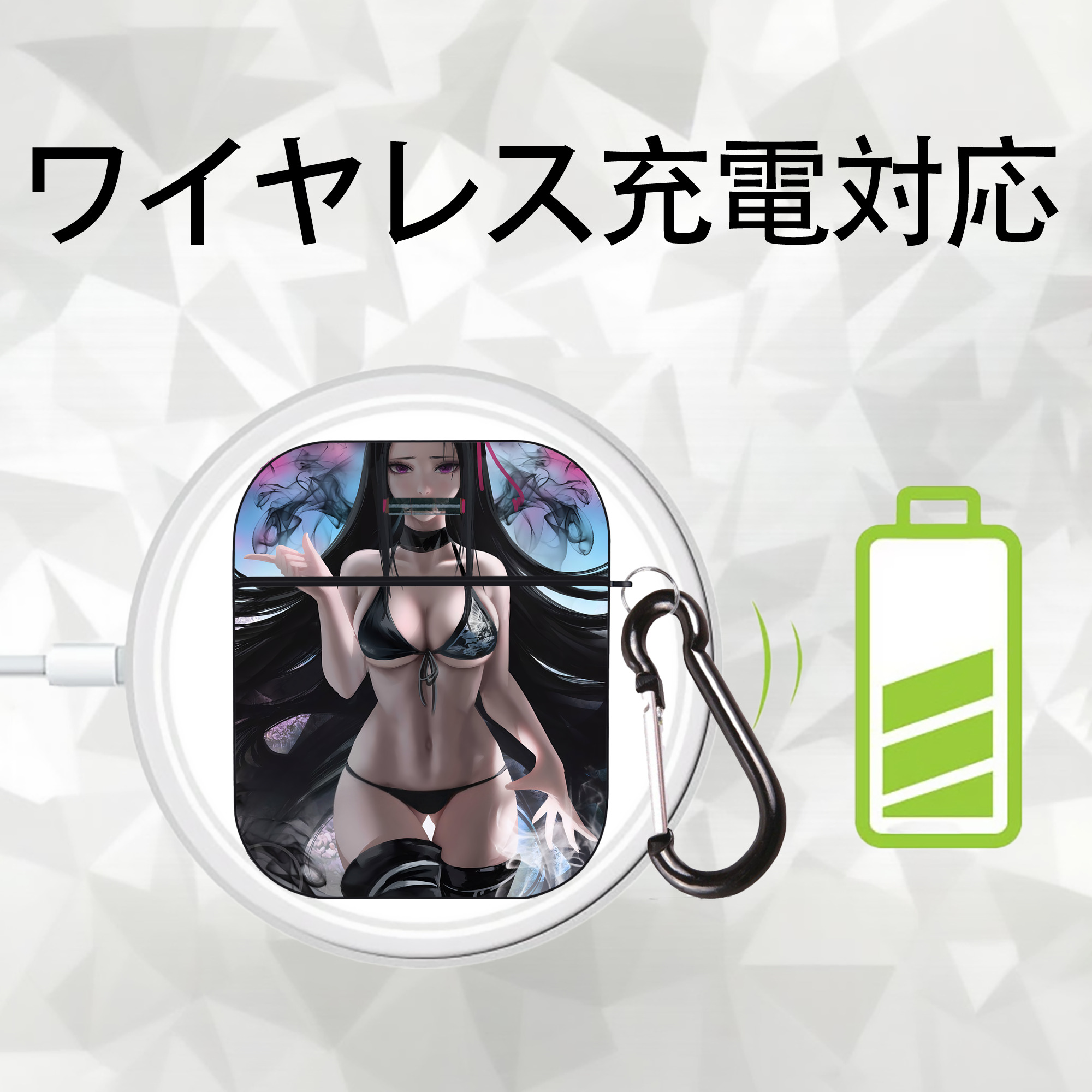鬼滅の刃（きめつのやいば）竈門 禰󠄀豆子／かまど ねずこ Kamado Nezuko AirPods 第2世代保護ケース ハードシェル ブラック 耐衝撃・防指紋・カラビナ付き