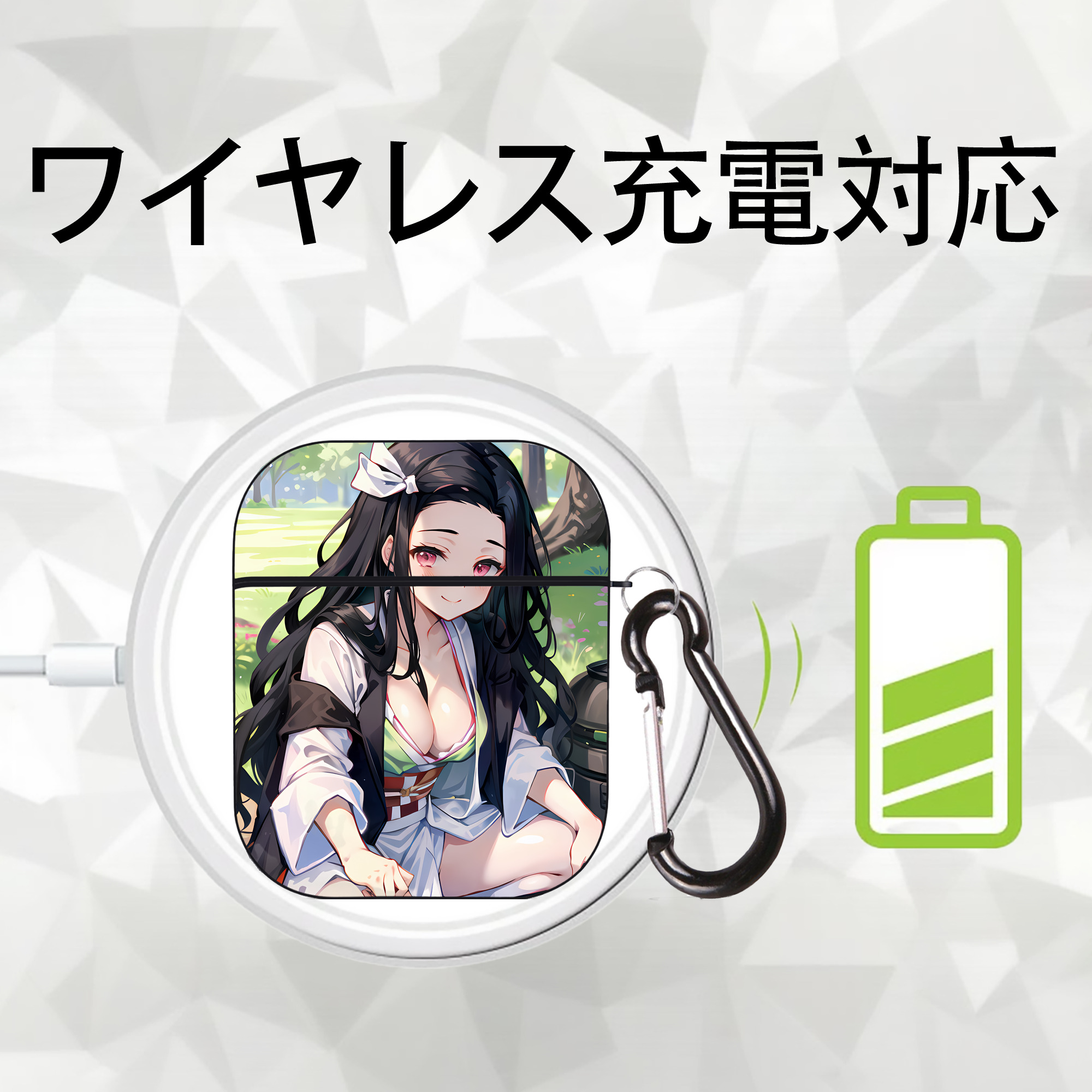 鬼滅の刃（きめつのやいば）竈門 禰󠄀豆子／かまど ねずこ Kamado Nezuko AirPods 第2世代保護ケース ハードシェル ブラック 耐衝撃・防指紋・カラビナ付き