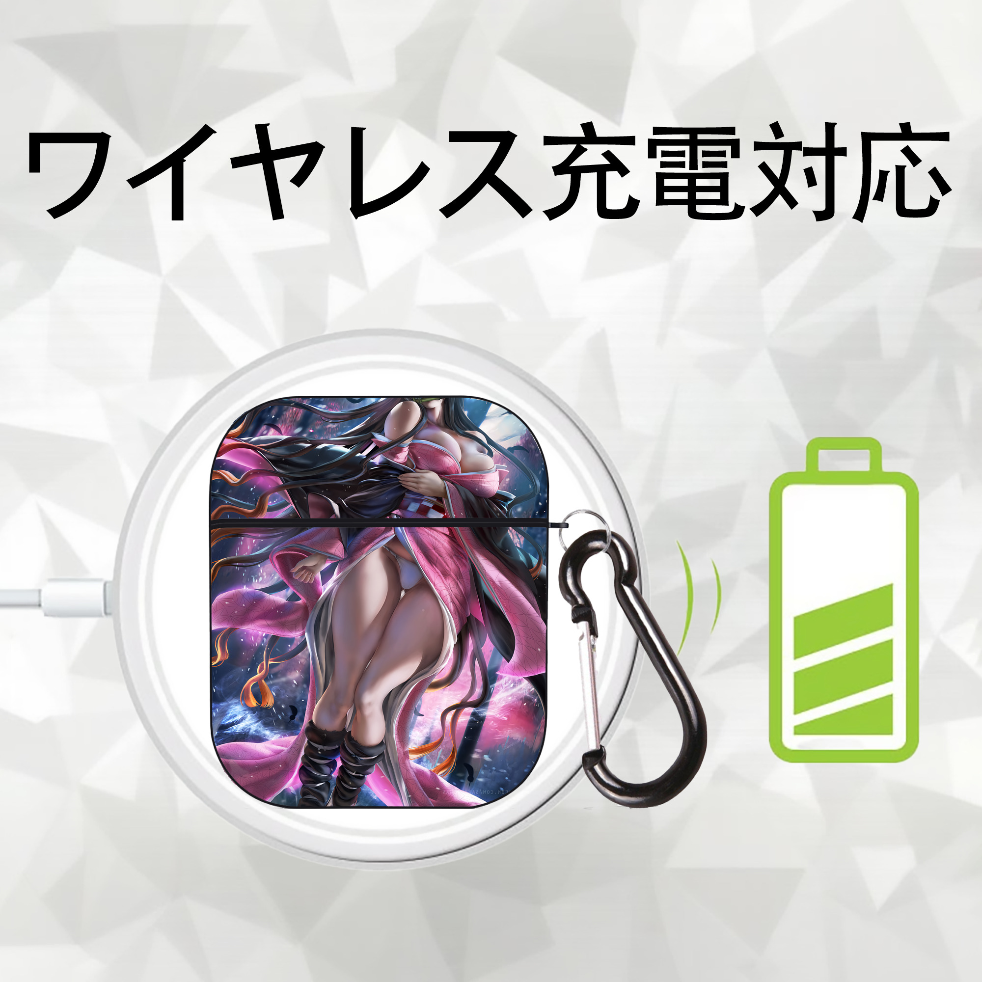 鬼滅の刃（きめつのやいば）竈門 禰󠄀豆子／かまど ねずこ Kamado Nezuko AirPods 第2世代保護ケース ハードシェル ブラック 耐衝撃・防指紋・カラビナ付き