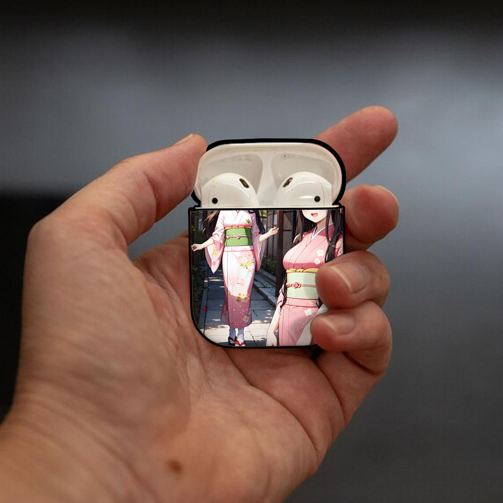鬼滅の刃（きめつのやいば）竈門 禰󠄀豆子／かまど ねずこ Kamado Nezuko AirPods 第2世代保護ケース ハードシェル ブラック 耐衝撃・防指紋・カラビナ付き