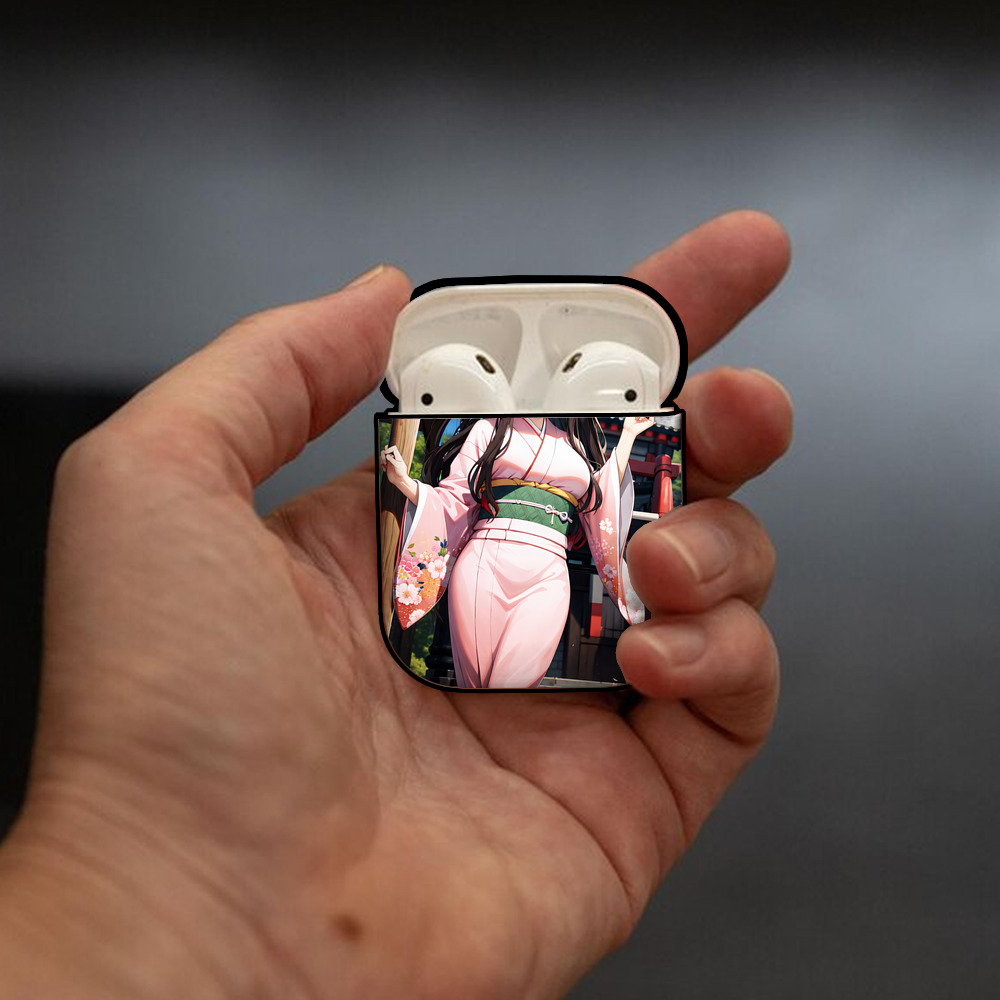 鬼滅の刃（きめつのやいば）竈門 禰󠄀豆子／かまど ねずこ Kamado Nezuko AirPods 第2世代保護ケース ハードシェル ブラック 耐衝撃・防指紋・カラビナ付き