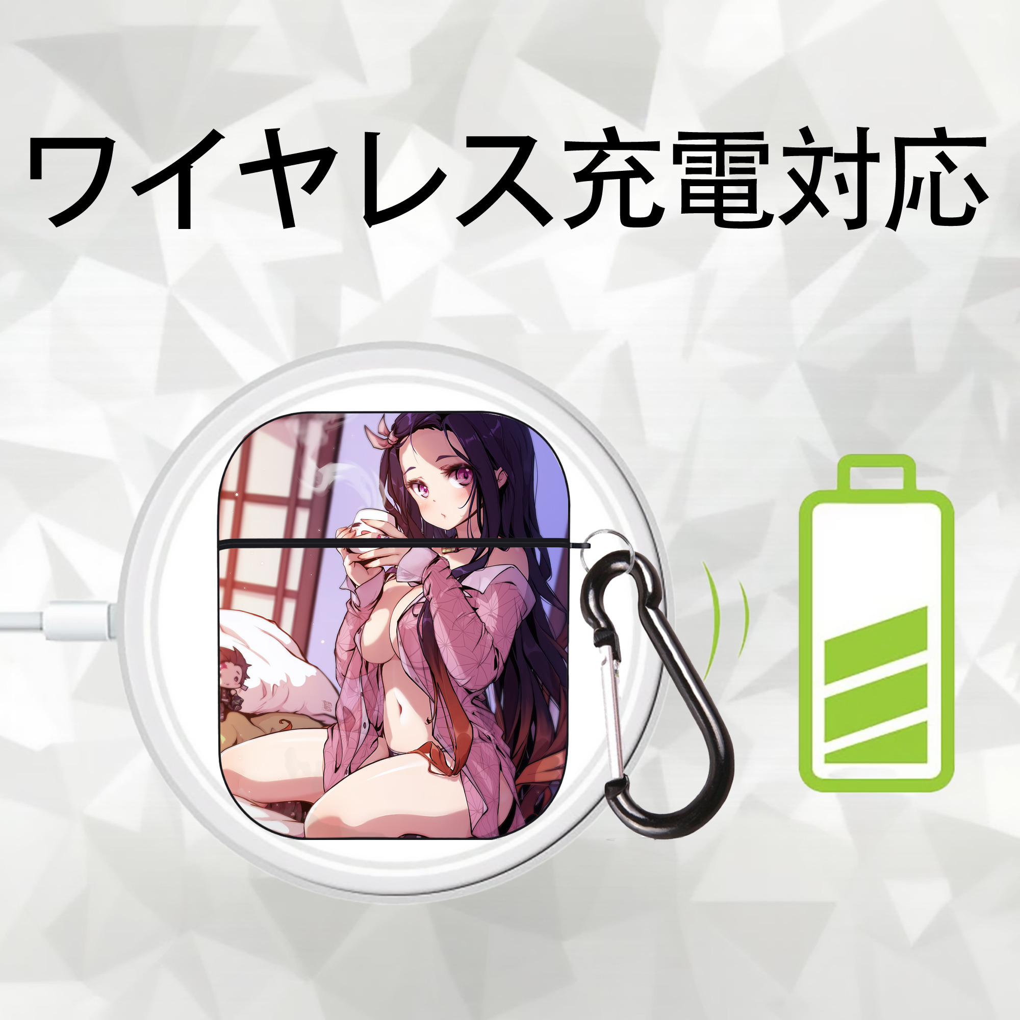 鬼滅の刃（きめつのやいば）竈門 禰󠄀豆子／かまど ねずこ Kamado Nezuko AirPods 第2世代保護ケース ハードシェル ブラック 耐衝撃・防指紋・カラビナ付き