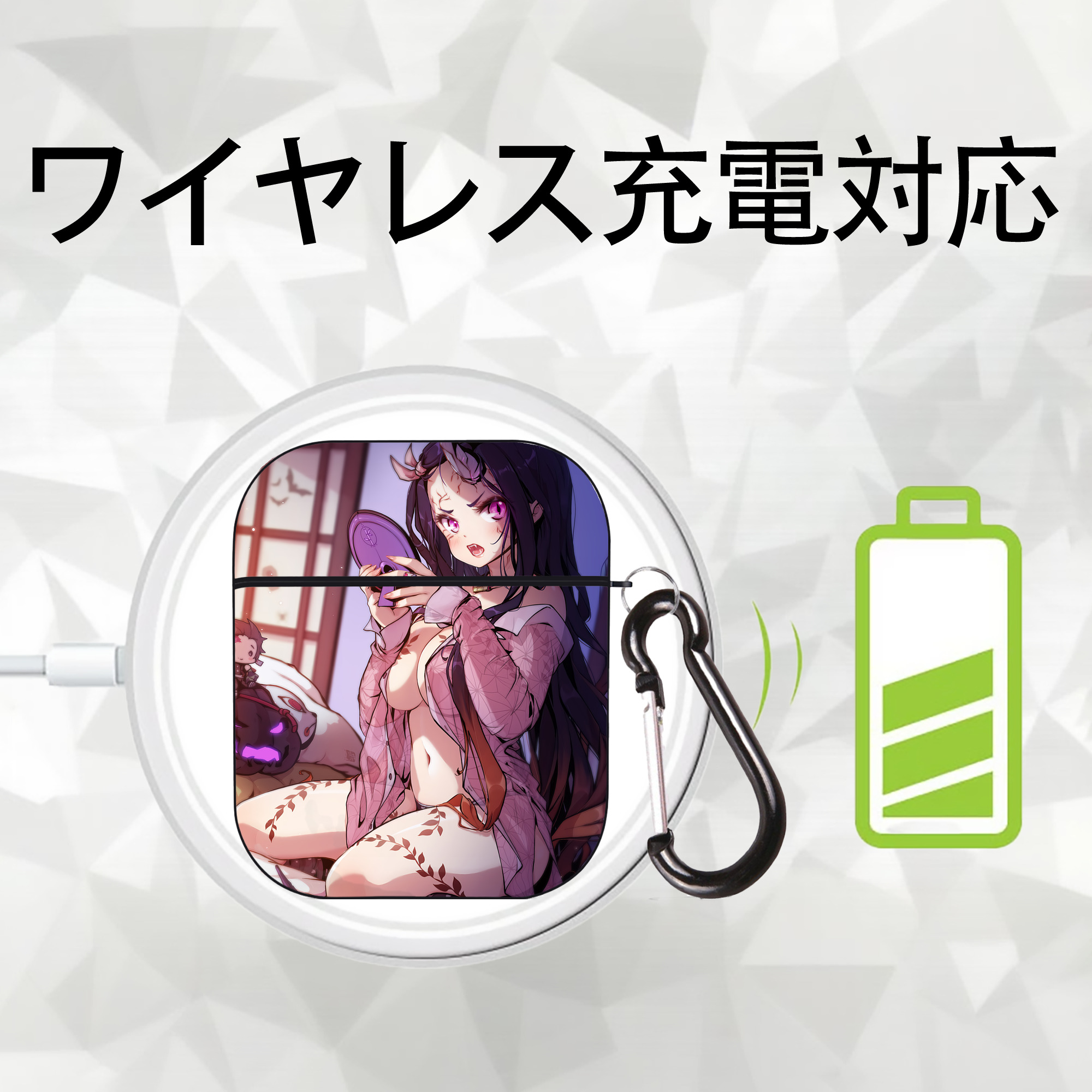 鬼滅の刃（きめつのやいば）竈門 禰󠄀豆子／かまど ねずこ Kamado Nezuko AirPods 第2世代保護ケース ハードシェル ブラック 耐衝撃・防指紋・カラビナ付き