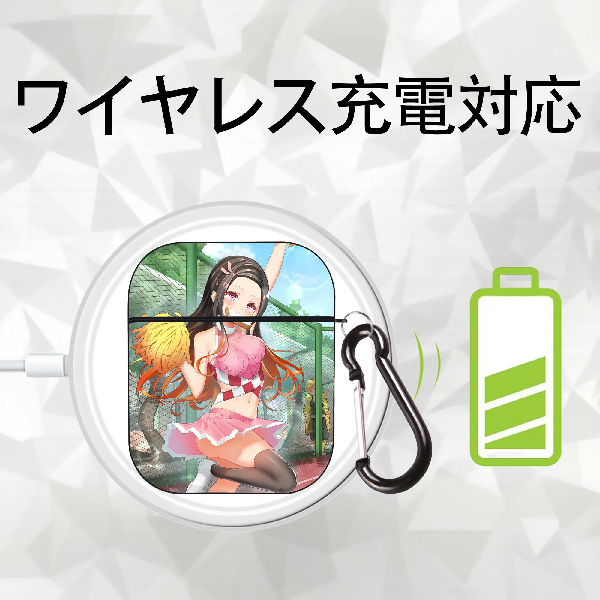 鬼滅の刃（きめつのやいば）竈門 禰󠄀豆子／かまど ねずこ Kamado Nezuko AirPods 第2世代保護ケース ハードシェル ブラック 耐衝撃・防指紋・カラビナ付き