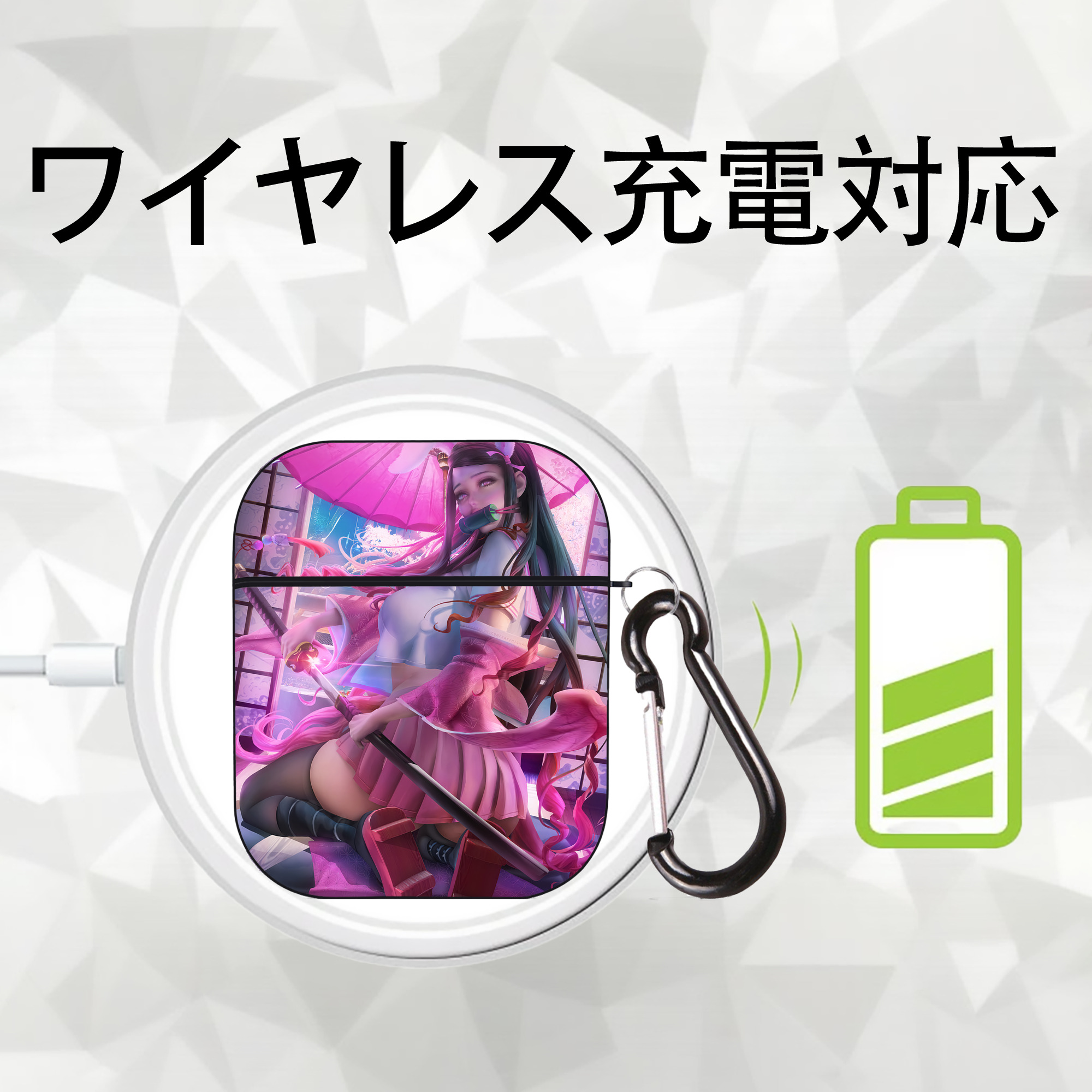 鬼滅の刃（きめつのやいば）竈門 禰󠄀豆子／かまど ねずこ Kamado Nezuko AirPods 第2世代保護ケース ハードシェル ブラック 耐衝撃・防指紋・カラビナ付き