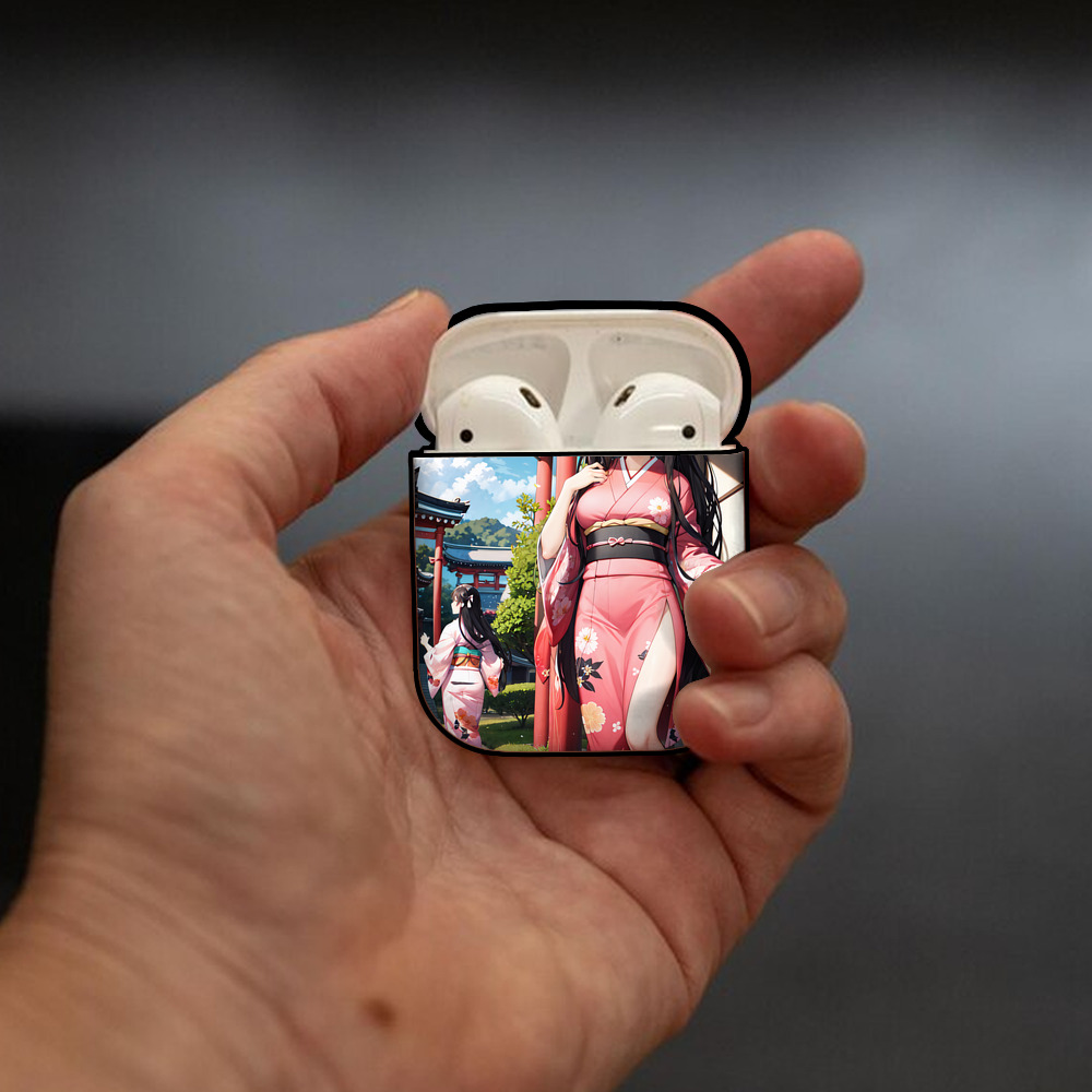 鬼滅の刃（きめつのやいば）竈門 禰󠄀豆子／かまど ねずこ Kamado Nezuko AirPods 第2世代保護ケース ハードシェル ブラック 耐衝撃・防指紋・カラビナ付き