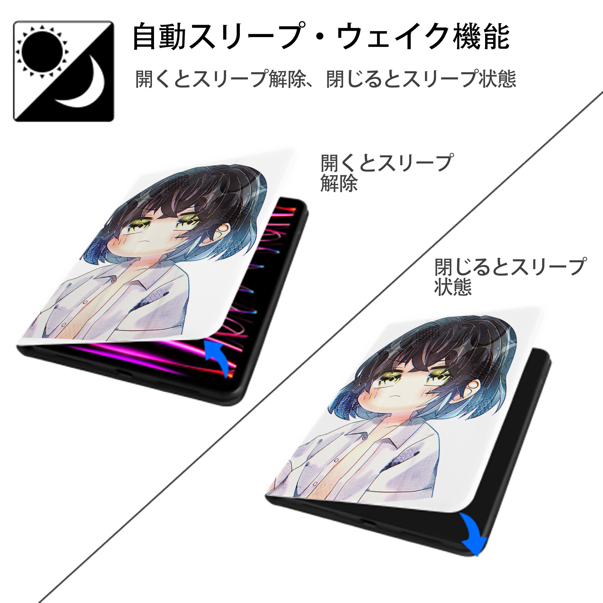 鬼滅の刃（きめつのやいば）嘴平 伊之助／はしびら いのすけ Hashibira Inosuke IPad ケース ペン収納付き 三つ折りスタンド PUレザー×シリコン 対応機種9.5/10.5/10.9インチ
