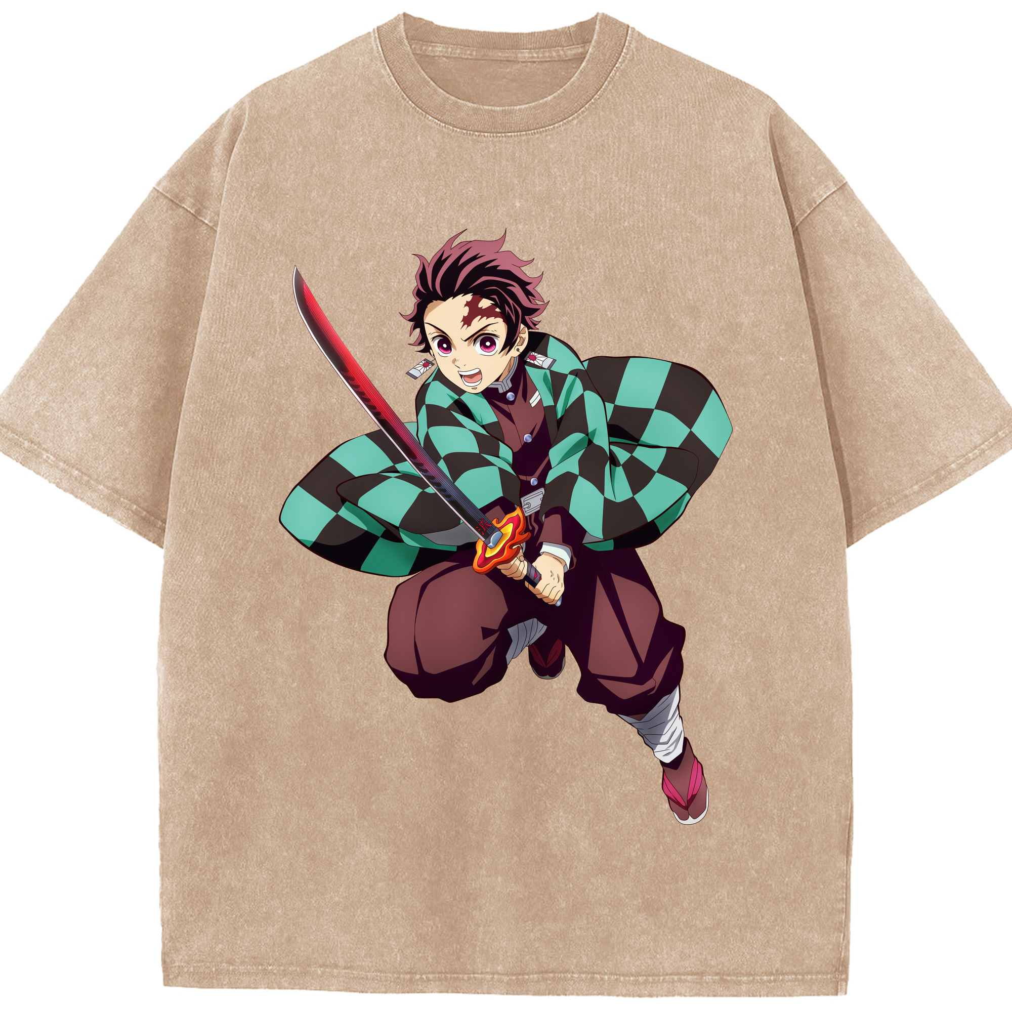 （画像用） 鬼滅の刃 竈門 炭治郎／かまど たんじろう Kamado Tanjirou 綿100% ヴィンテージ風 半袖Tシャツ（フロントプリント）