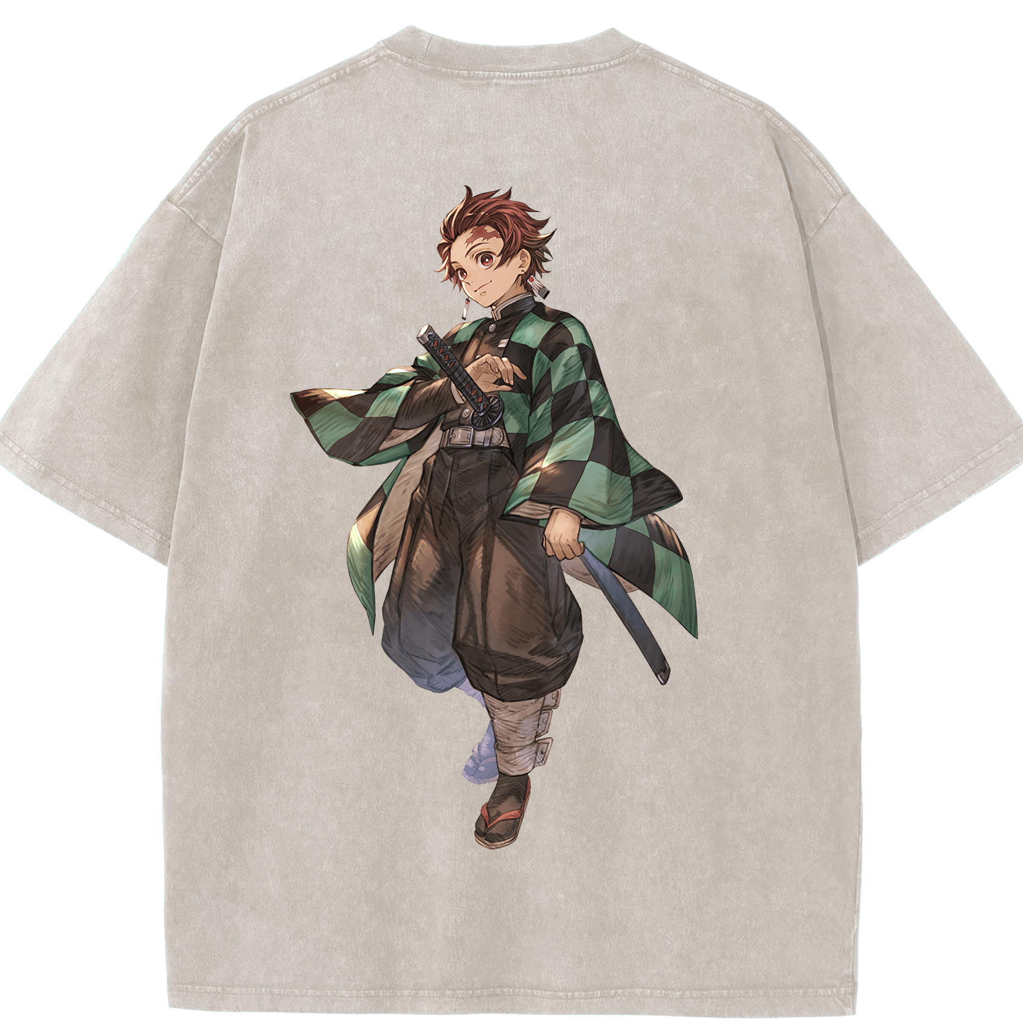 （画像用） 鬼滅の刃 竈門 炭治郎／かまど たんじろう Kamado Tanjirou 綿100% ヴィンテージ風 半袖Tシャツ（背面プリント）