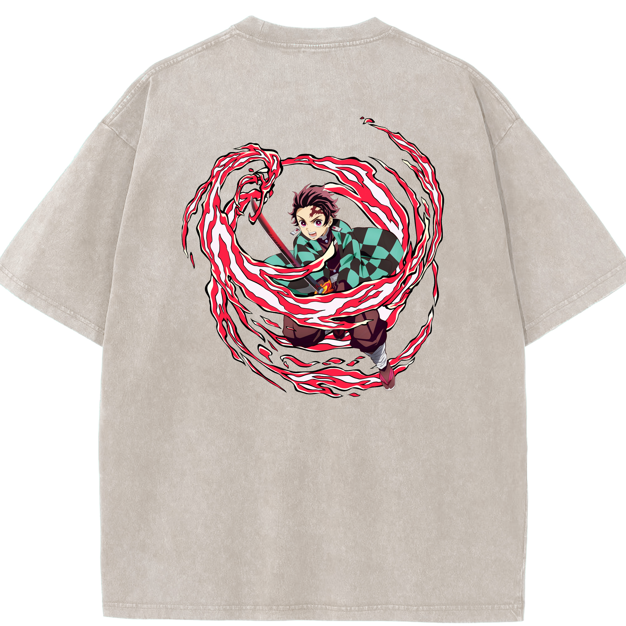 （画像用） 鬼滅の刃 竈門 炭治郎／かまど たんじろう Kamado Tanjirou 綿100% ヴィンテージ風 半袖Tシャツ（背面プリント）