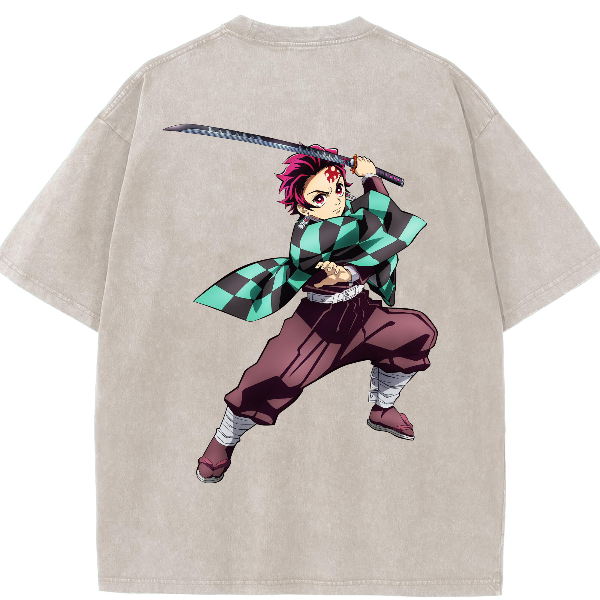 （画像用） 鬼滅の刃 竈門 炭治郎／かまど たんじろう Kamado Tanjirou 綿100% ヴィンテージ風 半袖Tシャツ（背面プリント）