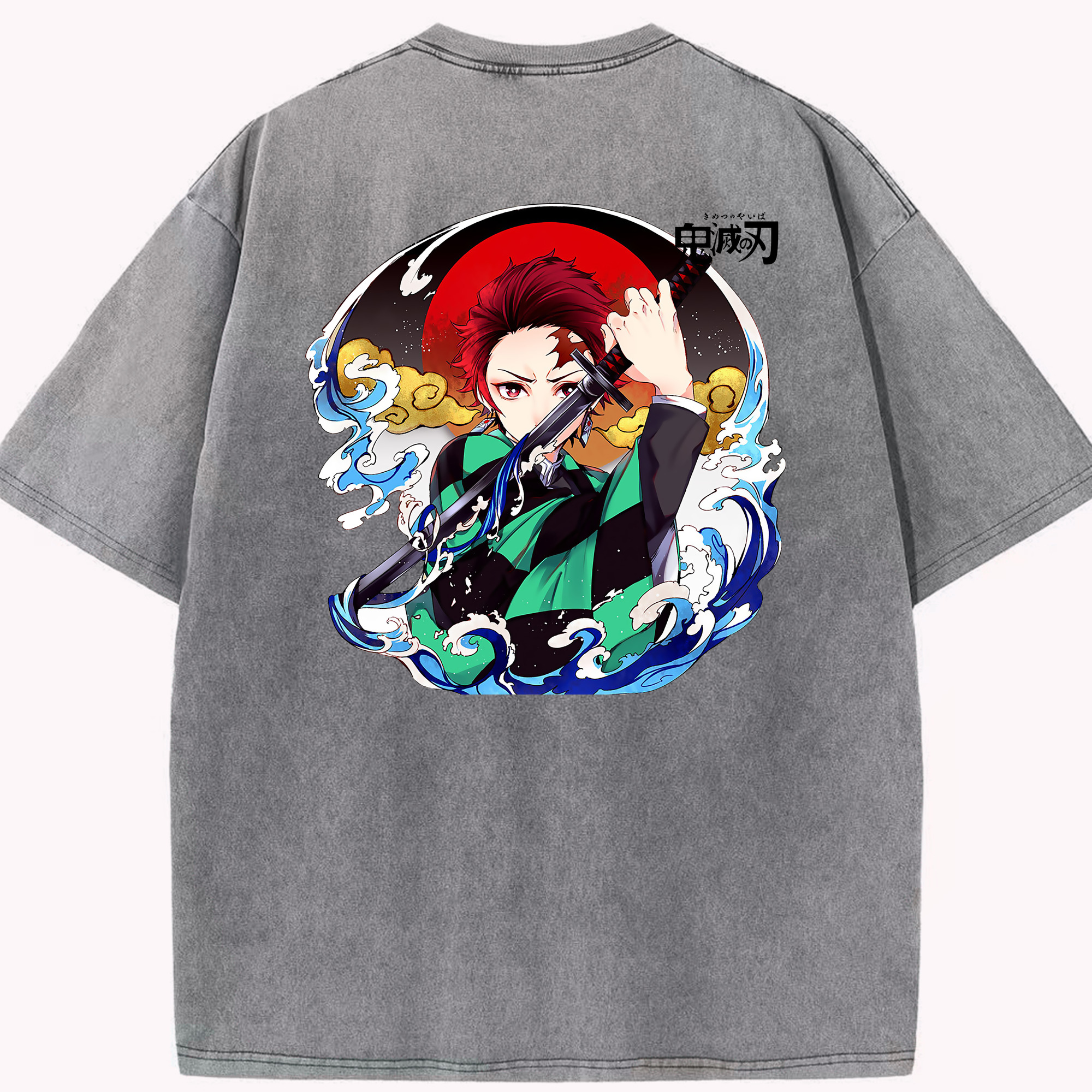 （画像用） 鬼滅の刃 竈門 炭治郎／かまど たんじろう Kamado Tanjirou 綿100% ヴィンテージ風 半袖Tシャツ（背面プリント）
