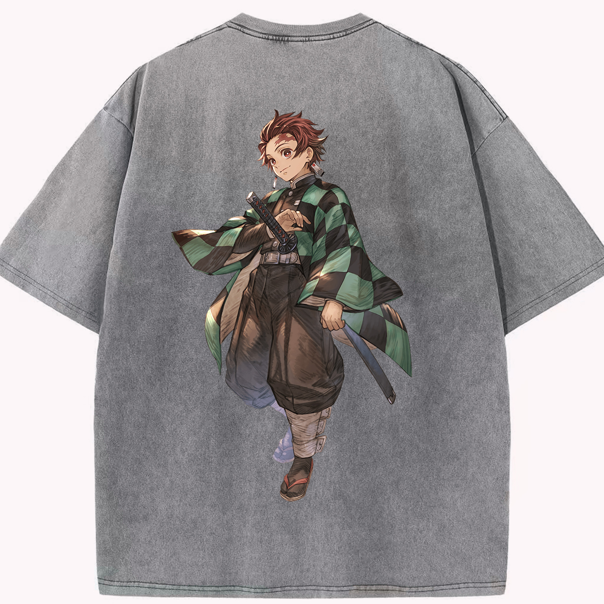 （画像用） 鬼滅の刃 竈門 炭治郎／かまど たんじろう Kamado Tanjirou 綿100% ヴィンテージ風 半袖Tシャツ（背面プリント）
