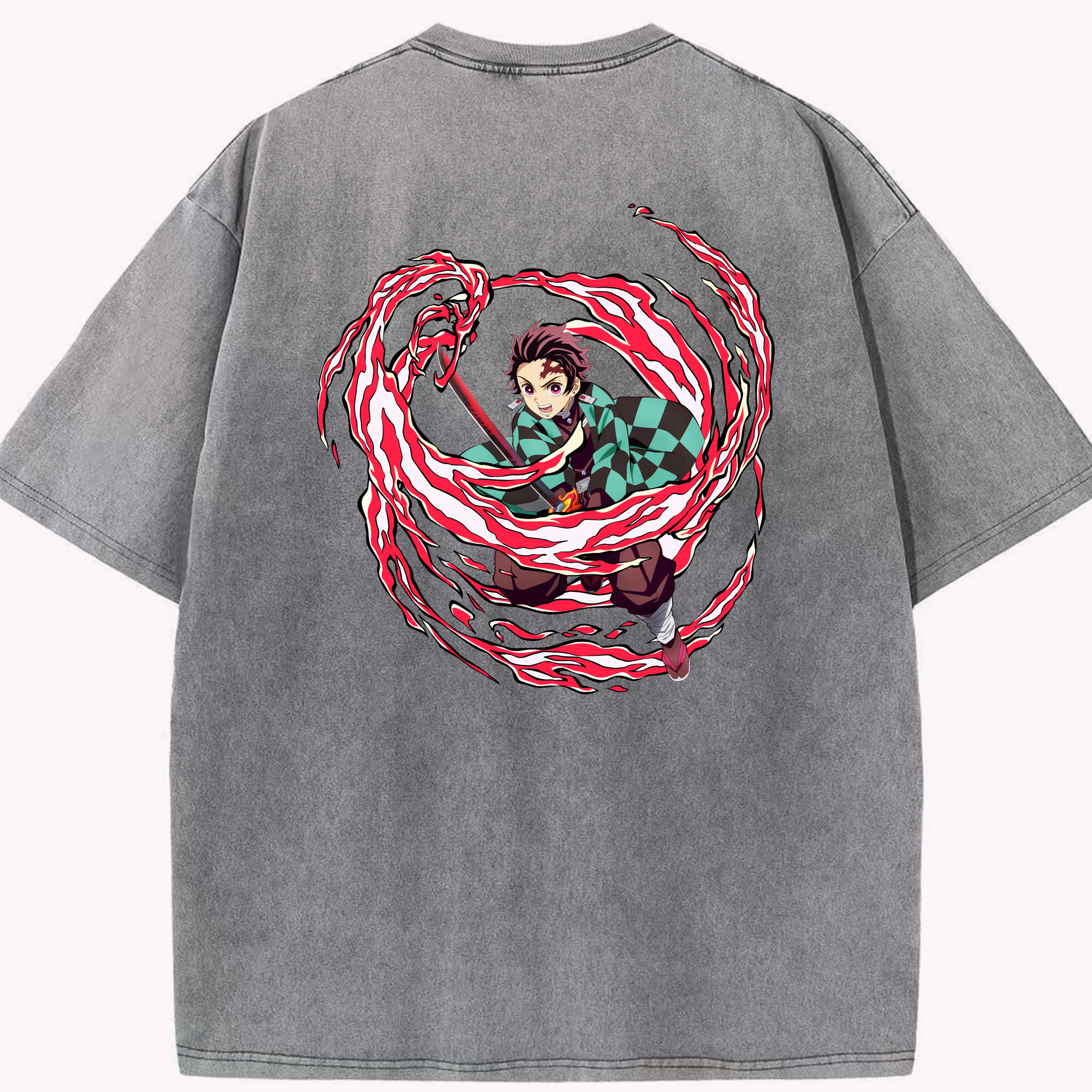 （画像用） 鬼滅の刃 竈門 炭治郎／かまど たんじろう Kamado Tanjirou 綿100% ヴィンテージ風 半袖Tシャツ（背面プリント）