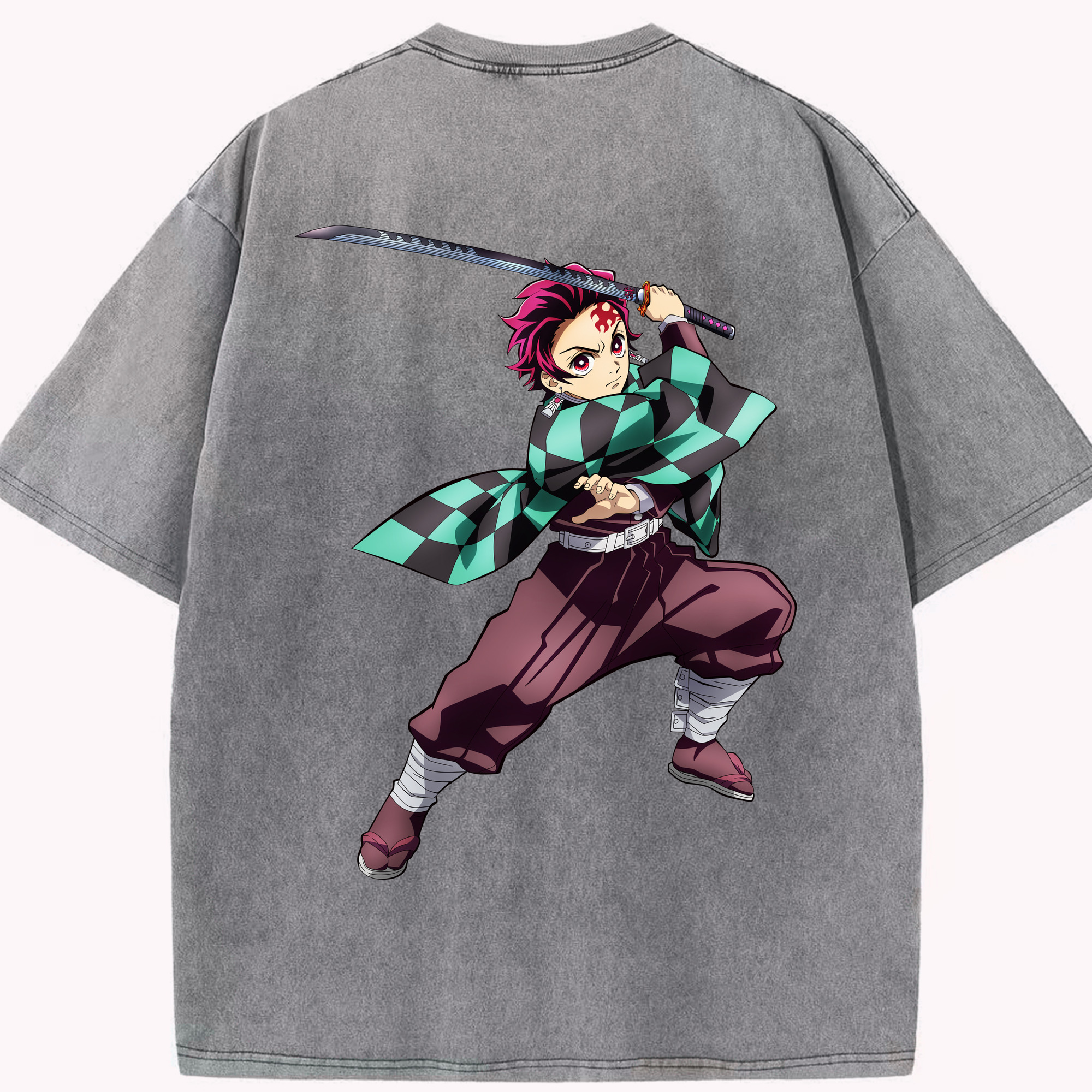 （画像用） 鬼滅の刃 竈門 炭治郎／かまど たんじろう Kamado Tanjirou 綿100% ヴィンテージ風 半袖Tシャツ（背面プリント）