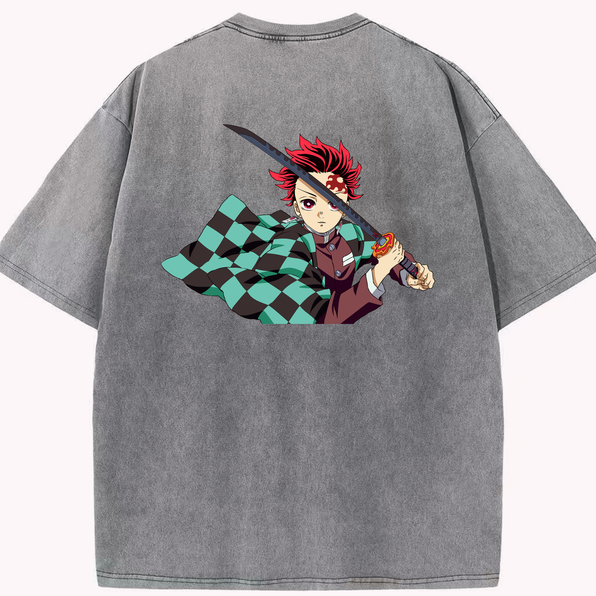 （画像用） 鬼滅の刃 竈門 炭治郎／かまど たんじろう Kamado Tanjirou 綿100% ヴィンテージ風 半袖Tシャツ（背面プリント）