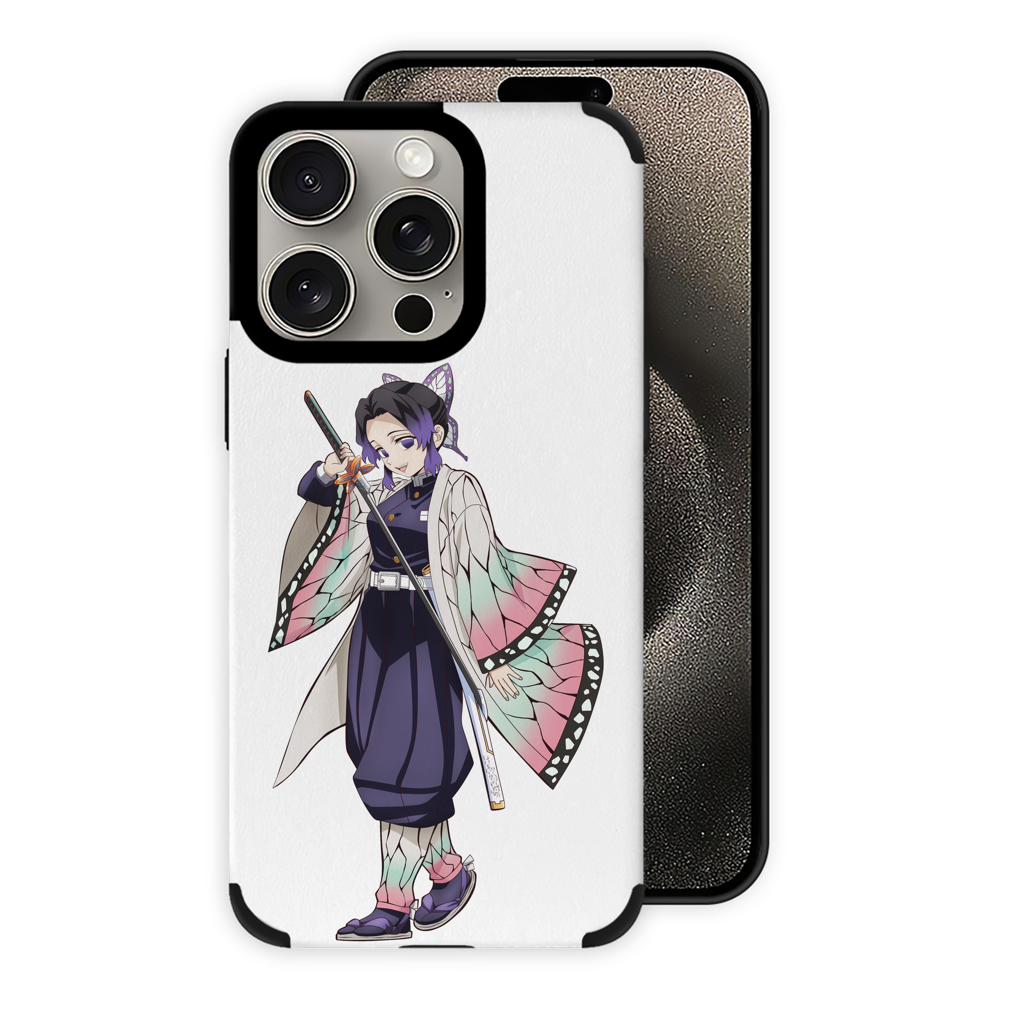 （画像用） 鬼滅の刃（きめつのやいば）蟲柱-胡蝶 しのぶ／こちょう しのぶ Kochou Shinobu 【iPhone15ProMax対応】 PUレザー スマホケース 耐衝撃＆黄変防止